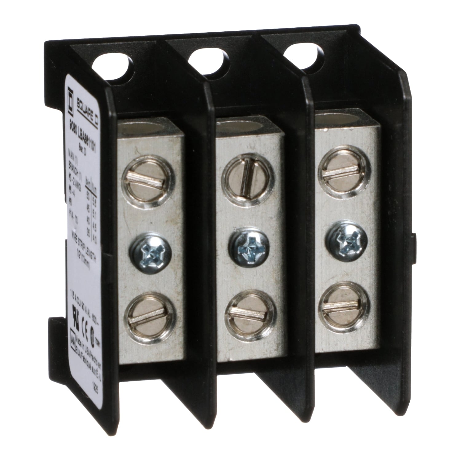 Power distribution block, Linergy, 3 pole, 1 line, 1 load, 115A CU, 90A AL, 600 V