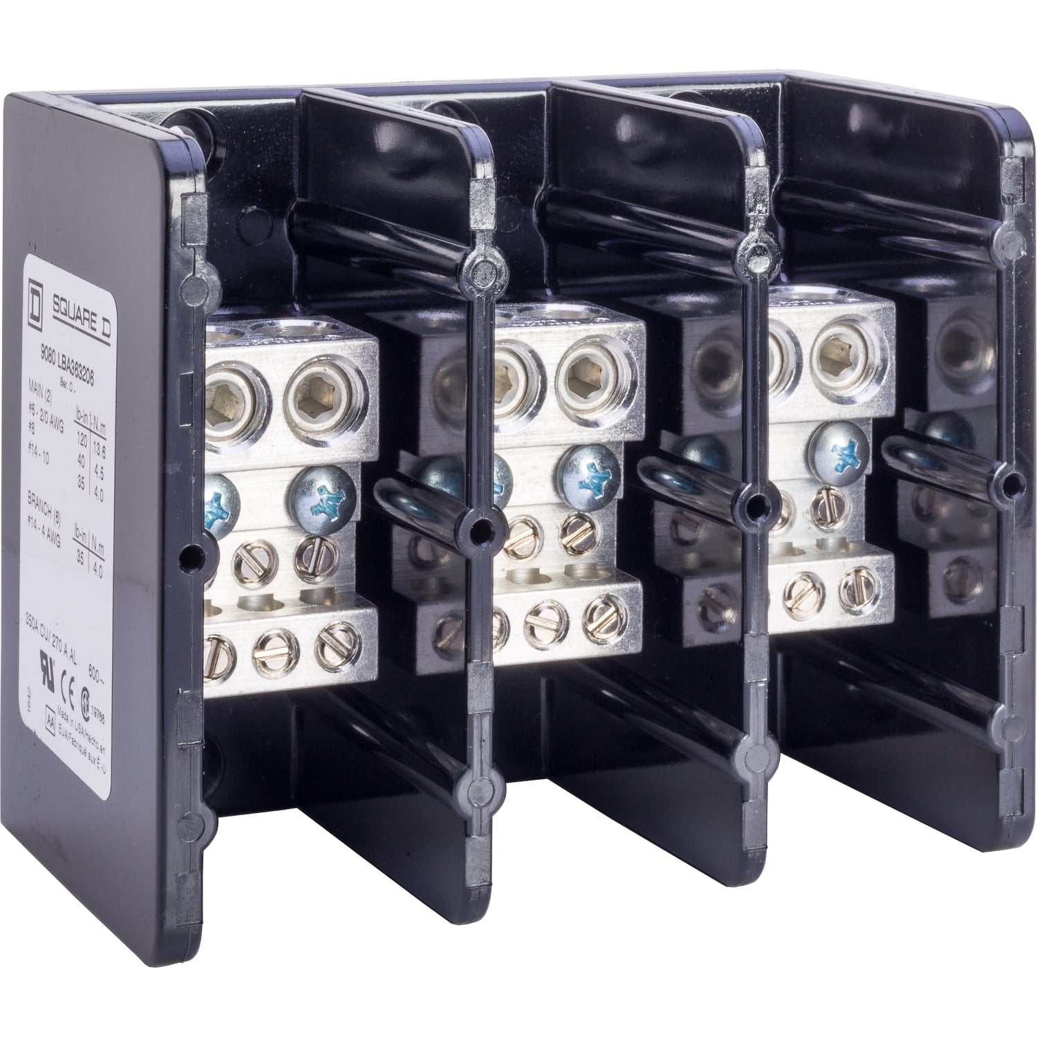 Power distribution block, Linergy, 3 pole, 2 line, 6 load, 350A Cu, 270A Al, 600V