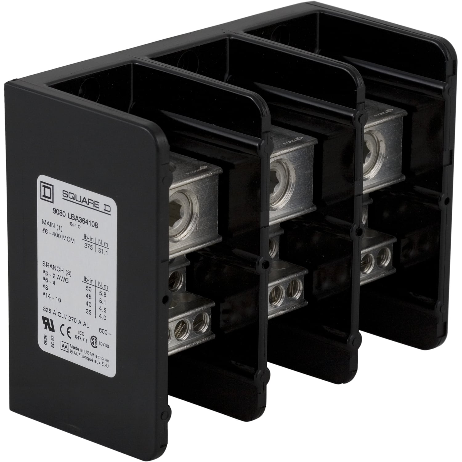 Power distribution block, Linergy, 3 pole, 1 line, 8 load, 335A Cu, 270A Al, 600V