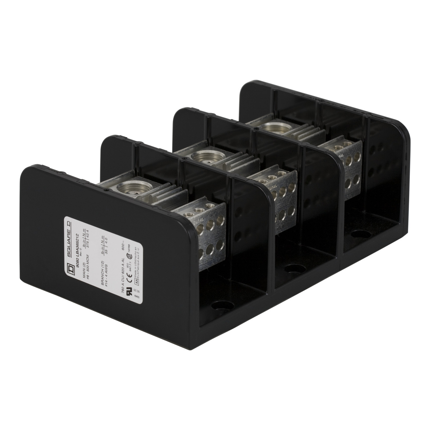 Power distribution block, Linergy, 3 pole, 2 line, 12 load, 760A Cu, 620A Al, 600V