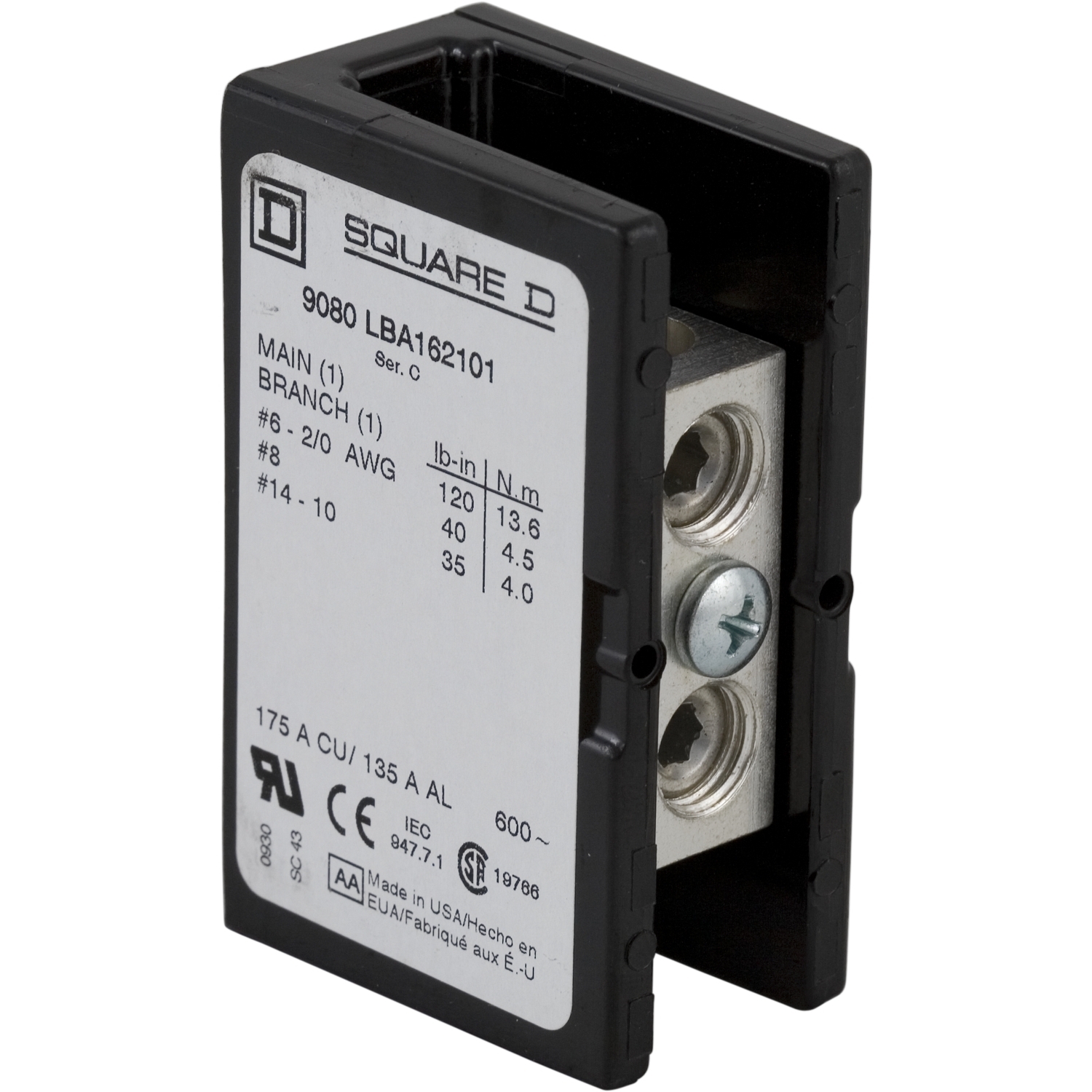 Power distribution block, Linergy, 1 pole, 1 line, 1 load, 150A Cu, 600V