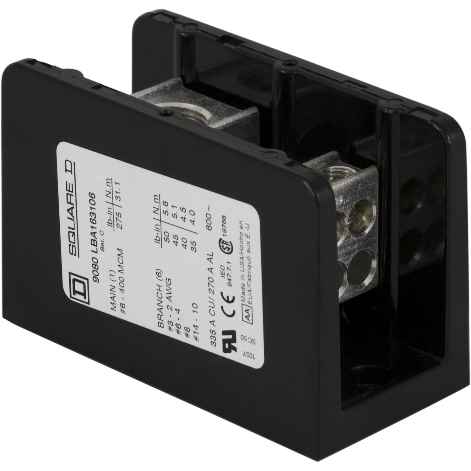 Power distribution block, Linergy, 1 pole, 1 line, 6 load, 380A Cu, 600V