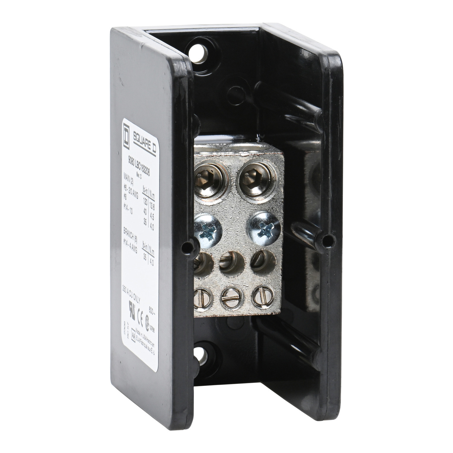 Power distribution block, Linergy, 1 pole, 2 line, 6 load, 350A Cu, 600V