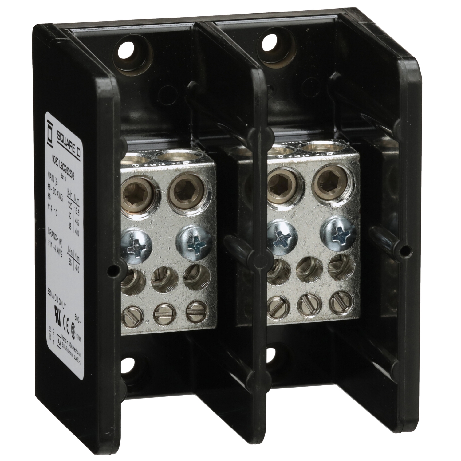 Power distribution block, Linergy, 1 pole, 2 line, 6 load, 350A Cu, 600V