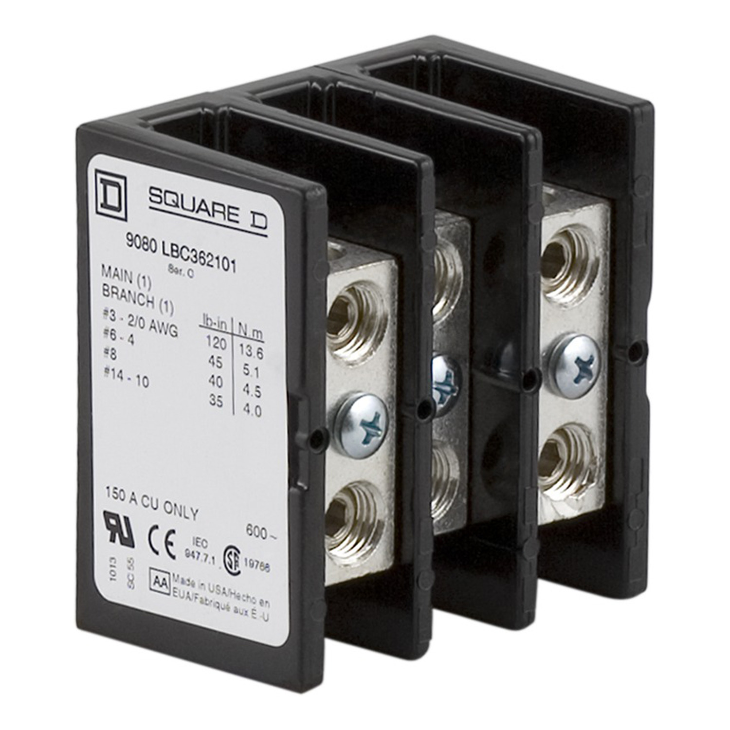 Power distribution block, Linergy, 3 pole, 1 line, 1 load, 150A Cu, 600V