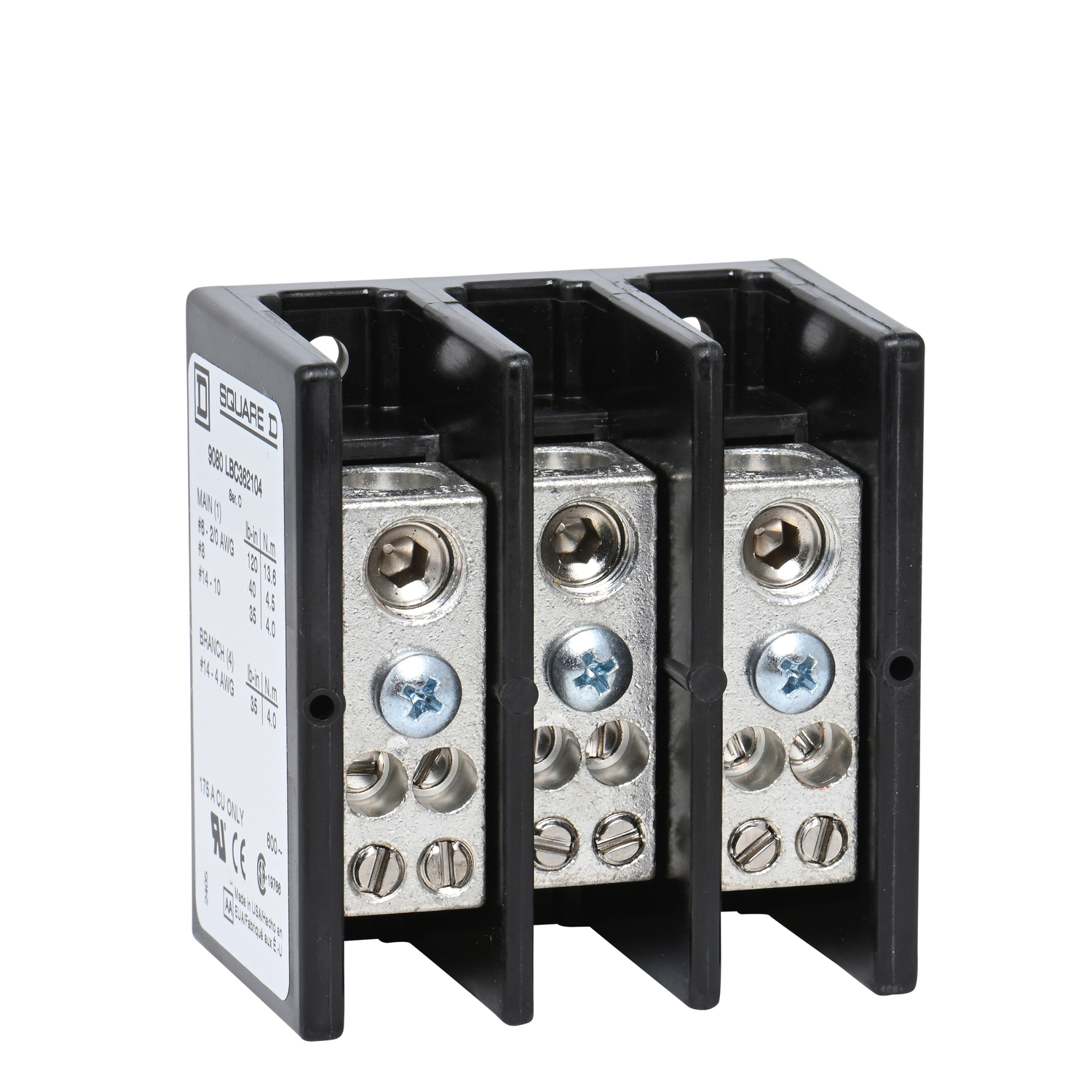Power distribution block, Linergy, 3 pole, 1 line, 4 load, 175A Cu, 600V