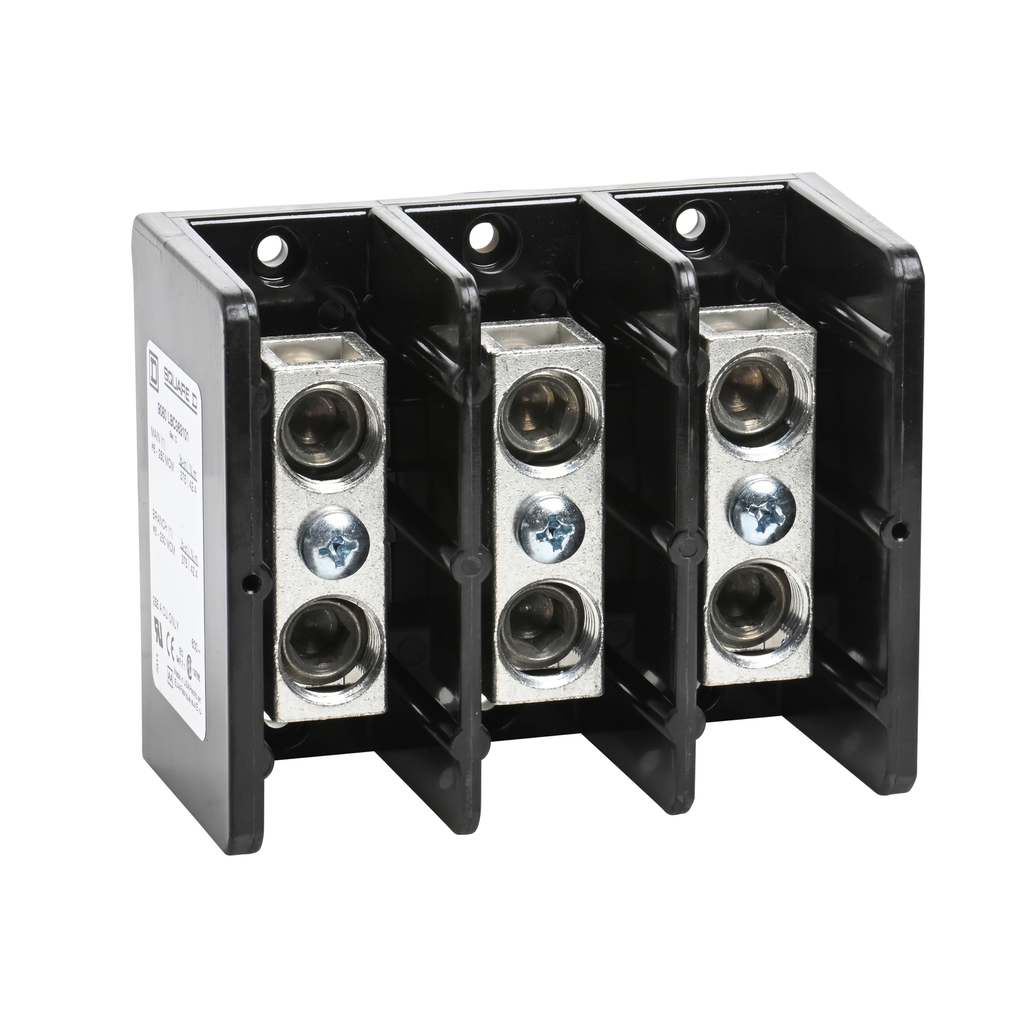 Power distribution block, Linergy, 3 pole, 1 line, 1 load, 255A Cu, 600V