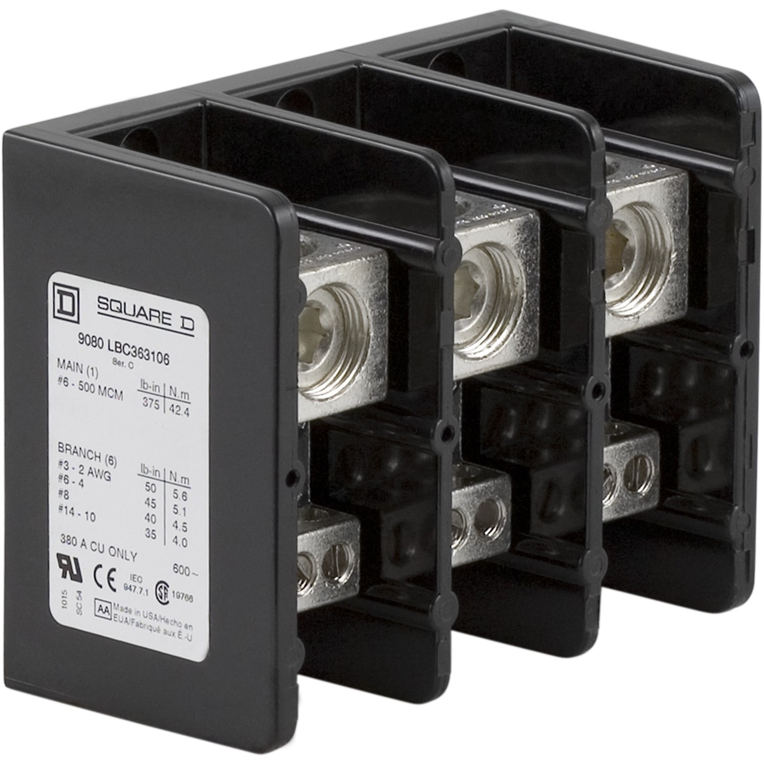 Power distribution block, Linergy, 3 pole, 1 line, 6 load, 380A Cu, 600V