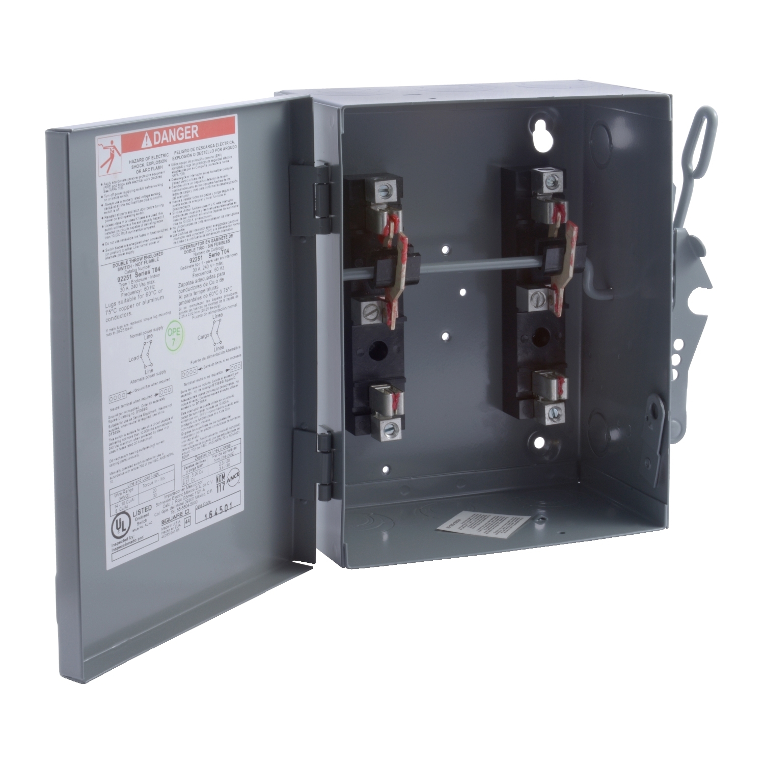 Safety switch, double through, non fusible, 30A, 240V, 2 poles, NEMA 1, fuse class T4