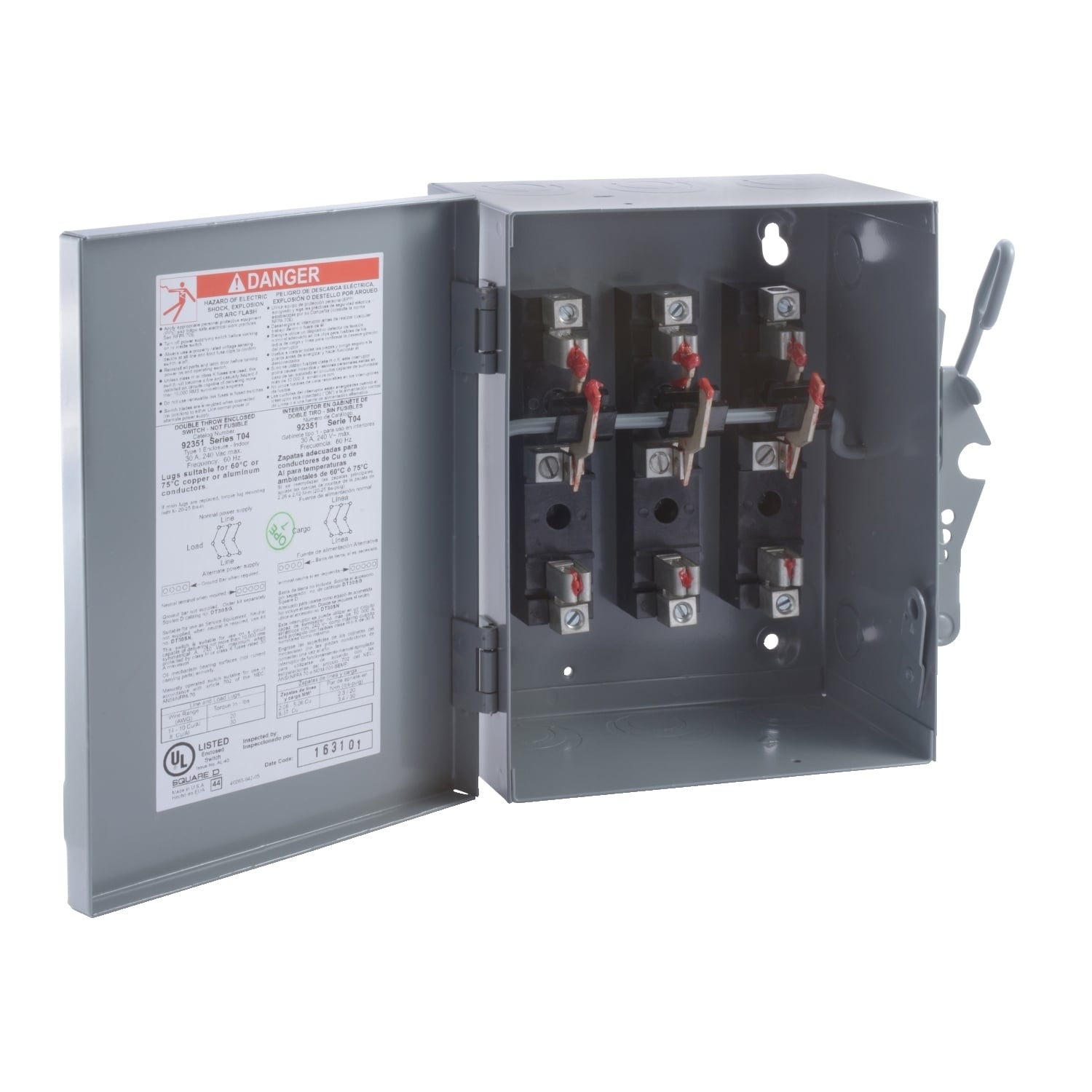 Safety switch, double through, non fusible, 30A, 240V, 3 poles, NEMA 1, fuse class T4