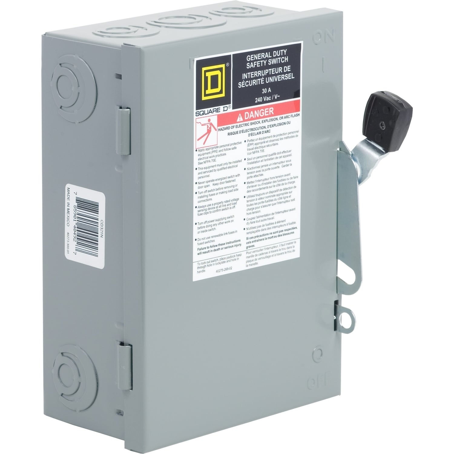 Safety switch, general duty, fusible, 3 pole, 4 wire, 120/240VAC, 30A, Type 1 galv steel, with solid neut