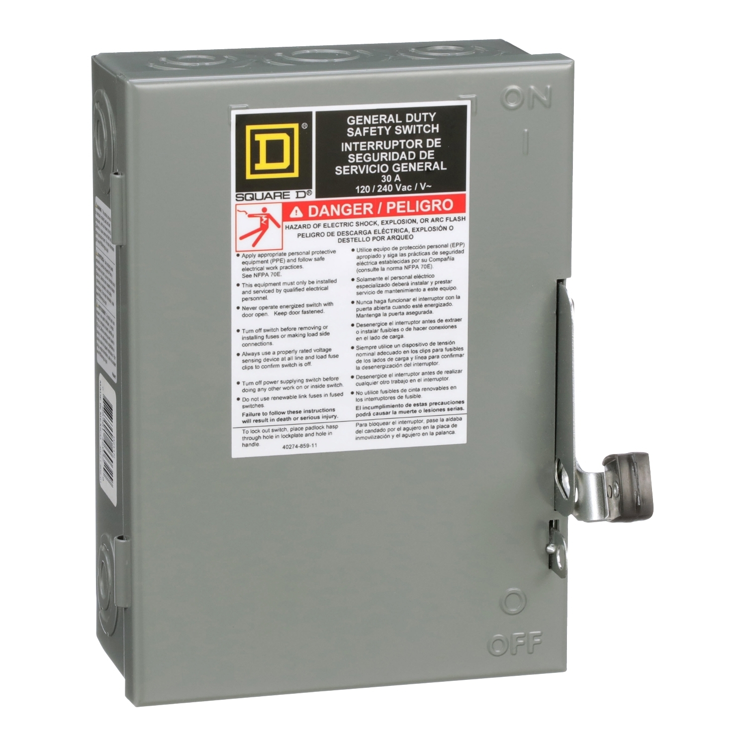 Safety switch, general duty, fusible, 2 pole, 3 wire, 120/240VAC, 30A, Type 1, with neutral
