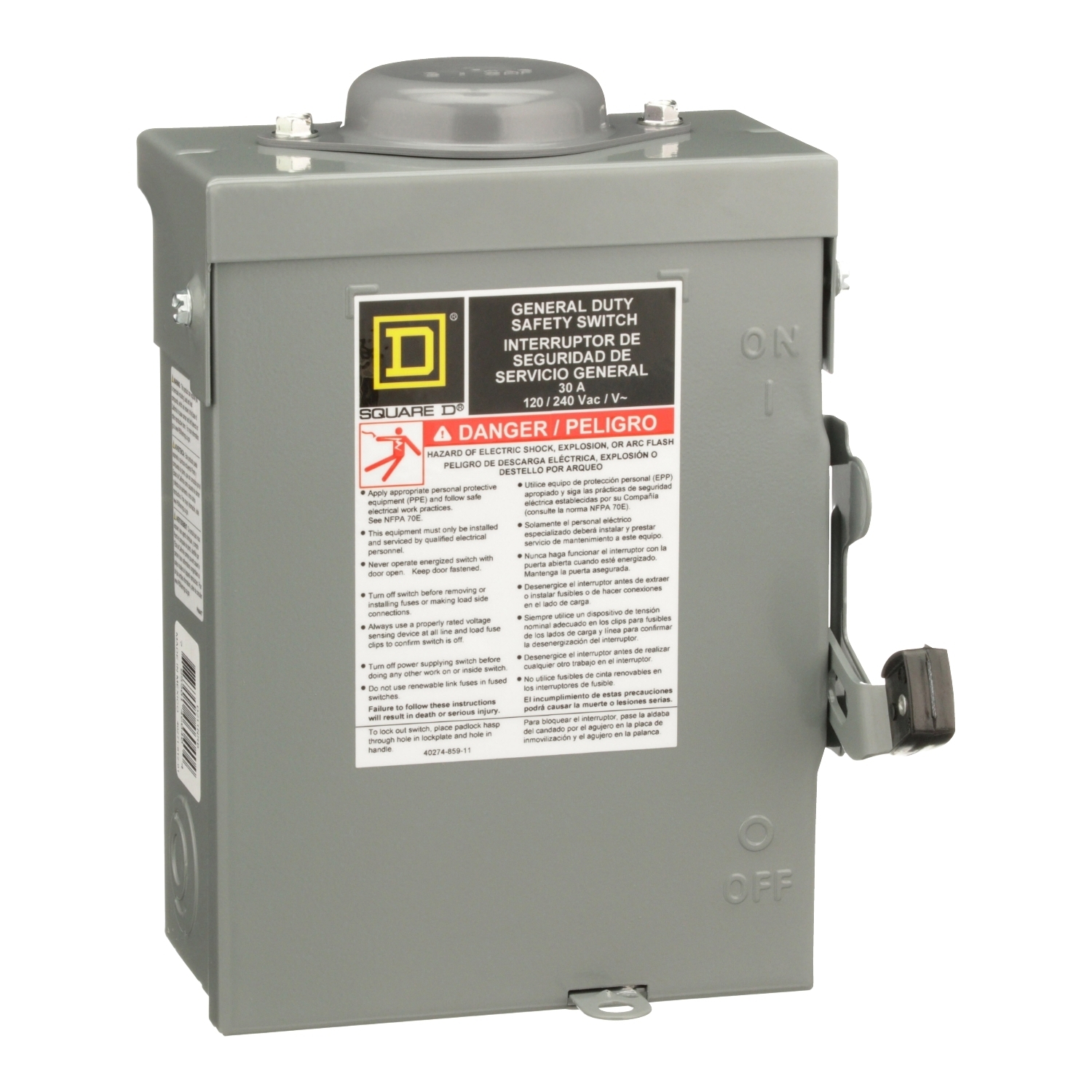 Safety switch, general duty, fusible, 2 pole, 3 wire, 120/240VAC, 30A, Type 3R, bolt on hub prov, with neutral