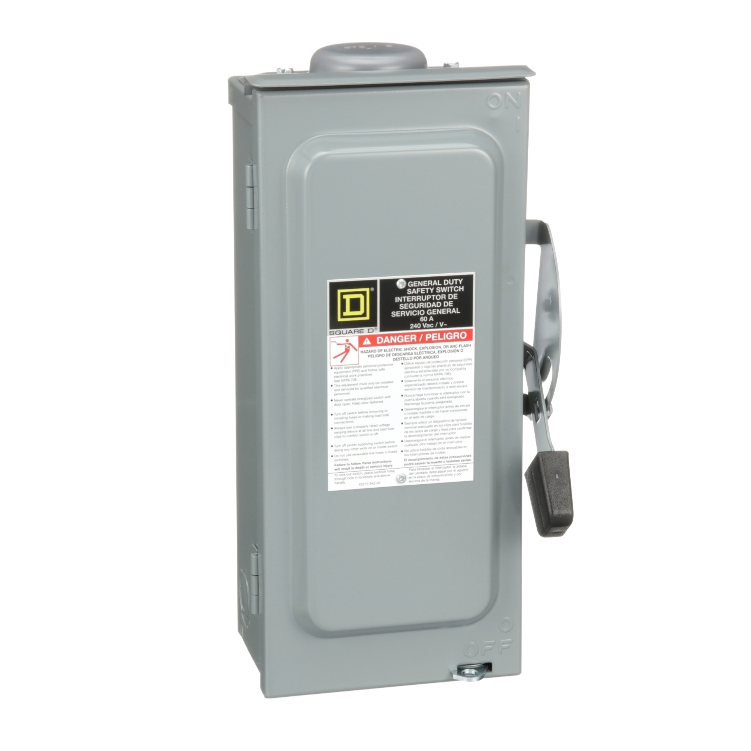 Safety switch, general duty, fusible, 2 pole, 3 wire, 240VAC, 60A, Type 3R, bolt on hub prov, with neutral