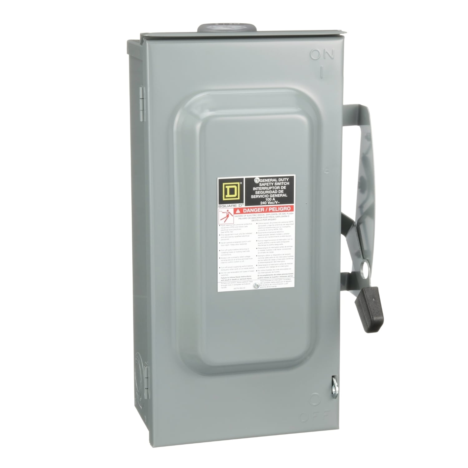 Safety switch, general duty, fusible, 2 pole, 3 wire, 240VAC, 100A, Type 3R, bolt on hub prov, with neutral