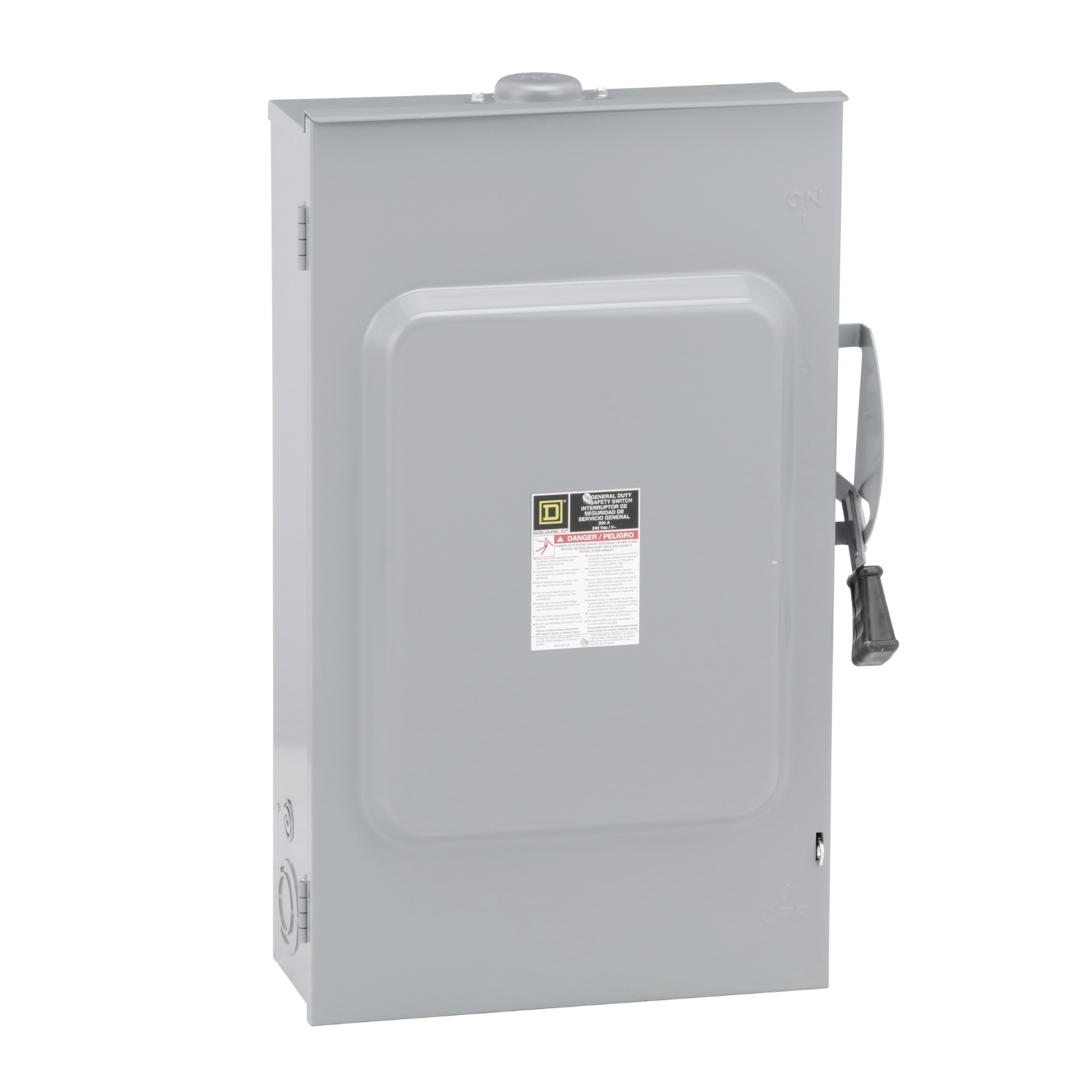 Safety switch, general duty, fusible, 2 pole, 3 wire, 240VAC, 200A, Type 3R, bolt on hub prov, with neutral