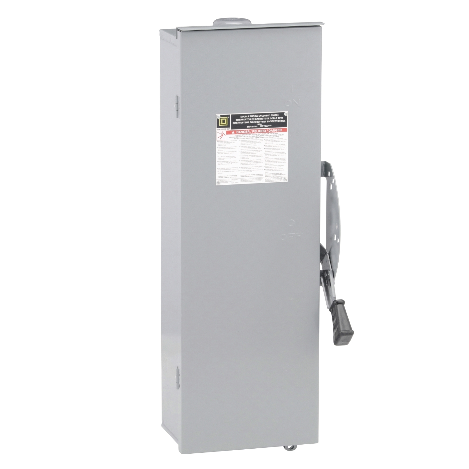 Safety switch, double throw, fusible, 2 pole, 2 wire, 240VAC, 250VDC, 100A, Type 3R, bolt on hub prov
