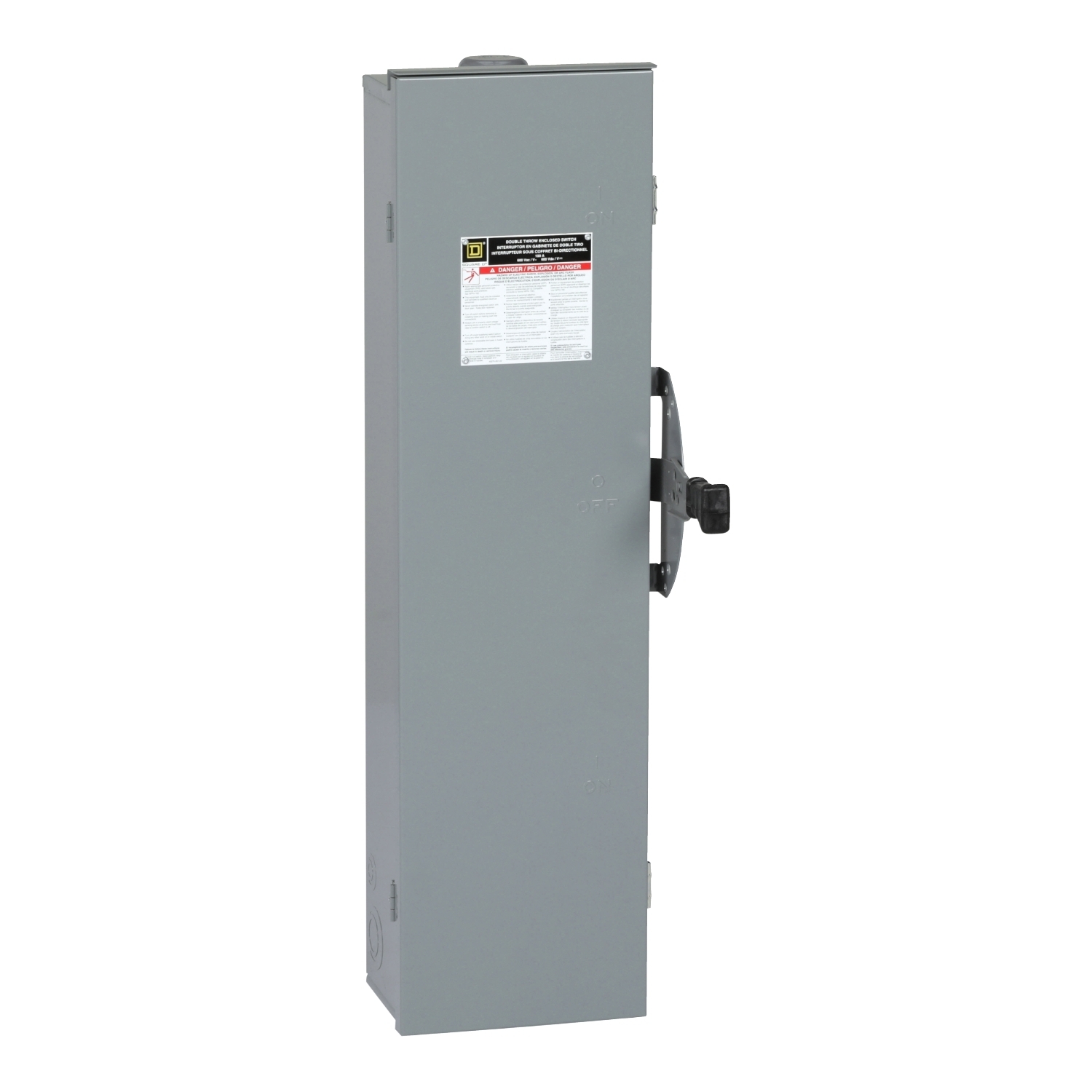 Safety switch, double throw, fusible, 3 pole, 3 wire, 600VAC, 600VDC, 100A, Type 3R, bolt on hub prov