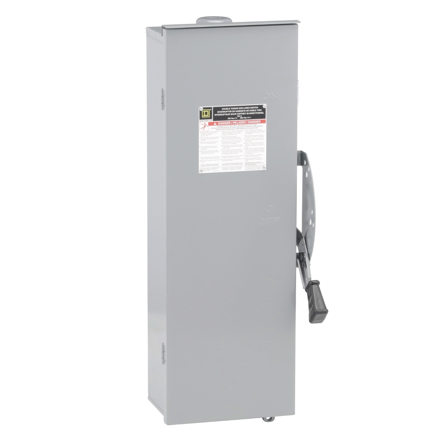 Safety switch, double throw, non fusible, 2 pole, 2 wire, 240VAC, 250VDC, 100A, Type 3R, bolt on hub prov