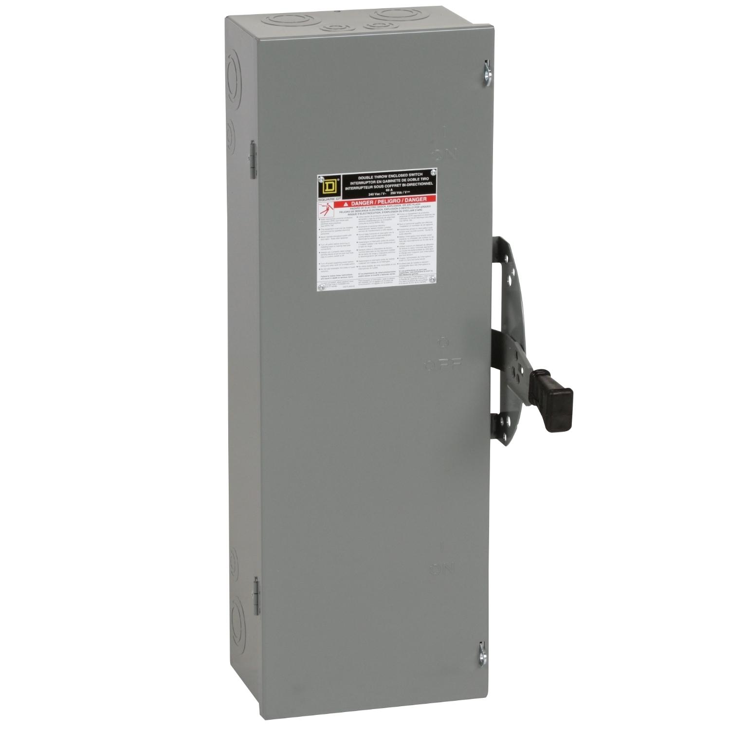 Safety switch, double throw, non fusible, 3 pole, 3 wire, 240VAC, 250VDC, 60A, Type 1
