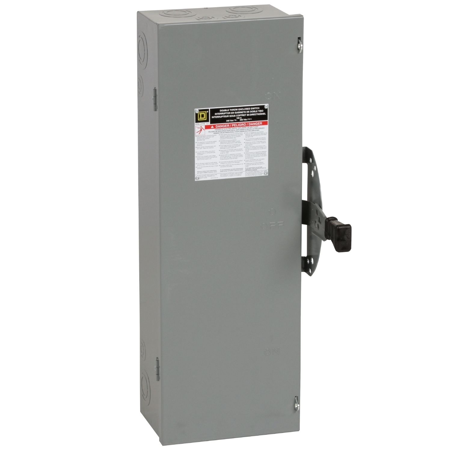 Safety switch, double throw, non fusible, 3 pole, 3 wire, 240VAC, 250VDC, 100A, Type 1