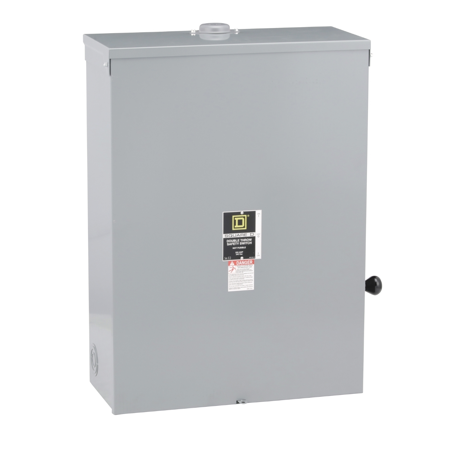 Safety switch, double throw, non fusible, 3 pole, 4 wire, 240VAC, 200A, Type 3R, bolt/hub prov, with neut