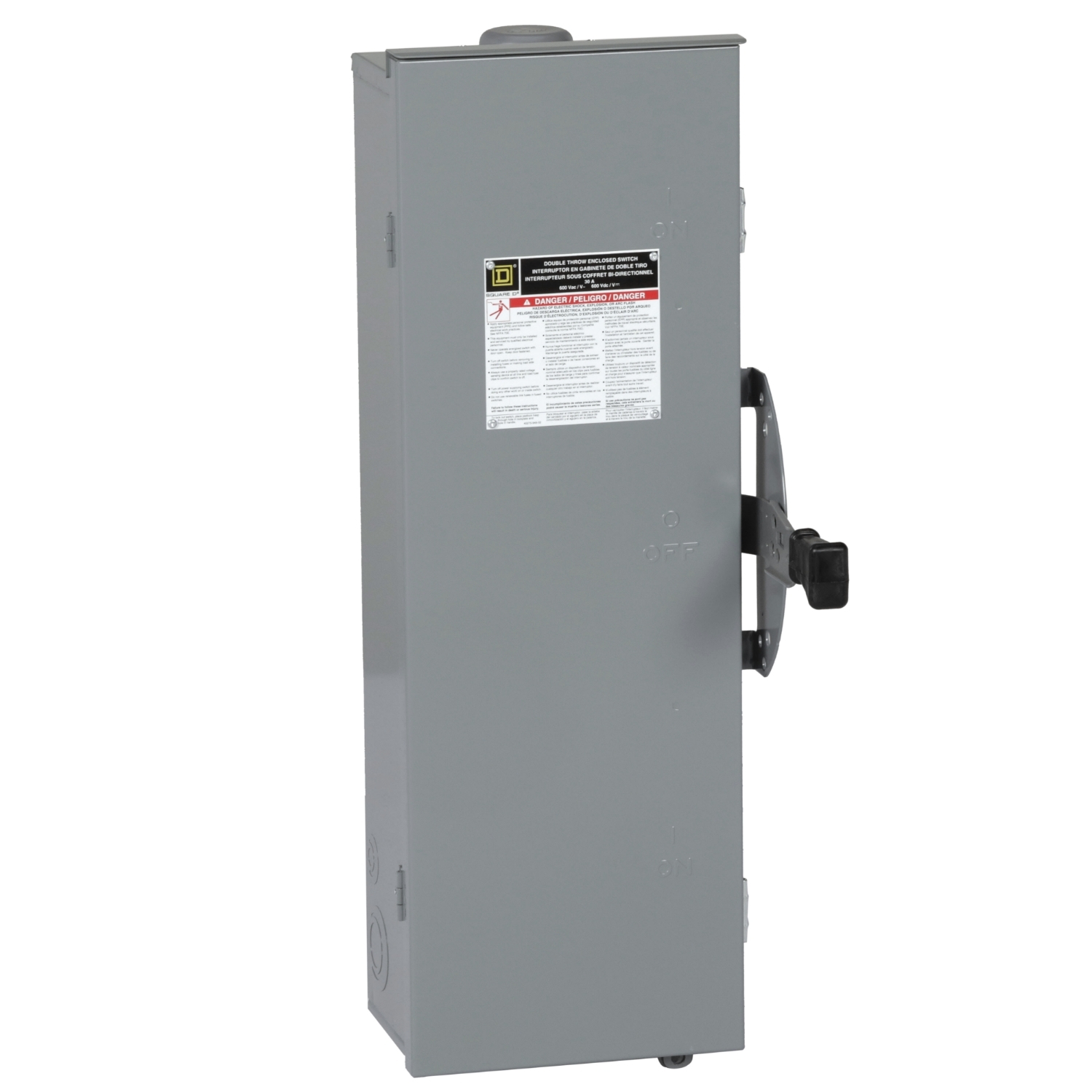Safety switch, double throw, non fusible, 3 pole, 3 wire, 600VAC, 600VDC, 30A, Type 3R, bolt on hub prov