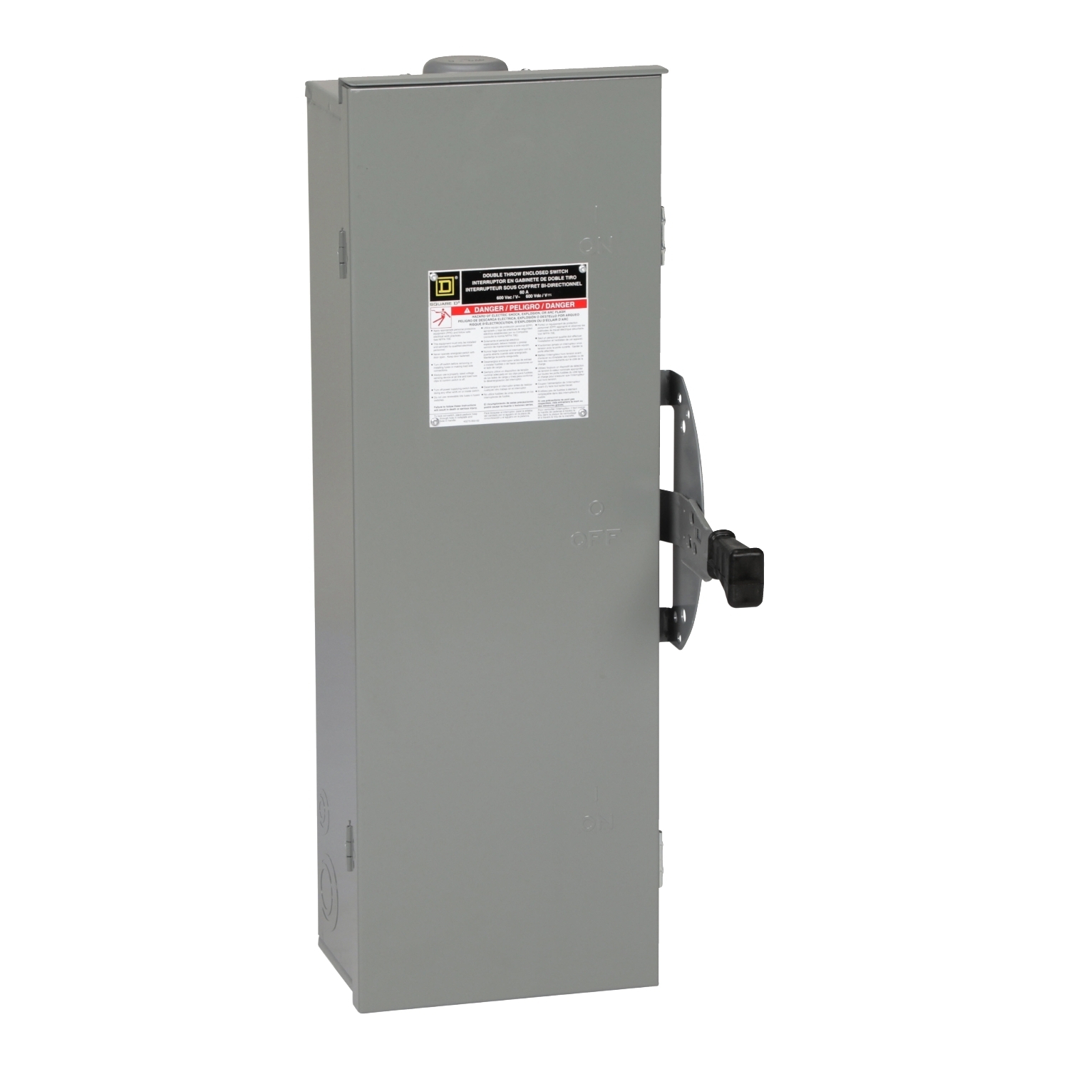 Safety switch, double throw, non fusible, 3 pole, 3 wire, 600VAC, 600VDC, 60A, Type 3R, bolt on hub prov