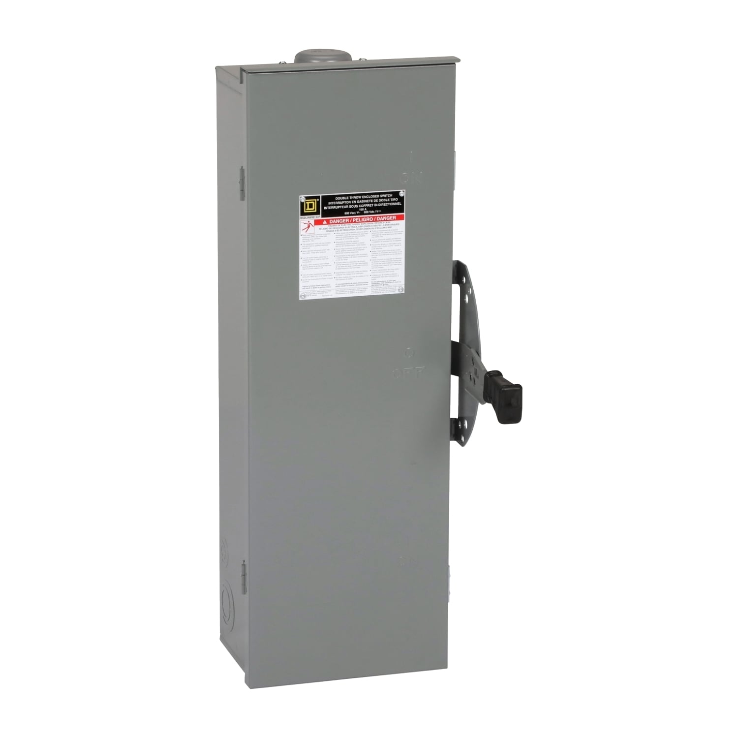 Safety switch, double throw, non fusible, 3 pole, 3 wire, 600VAC, 600VDC, 100A, Type 3R, bolt on hub prov
