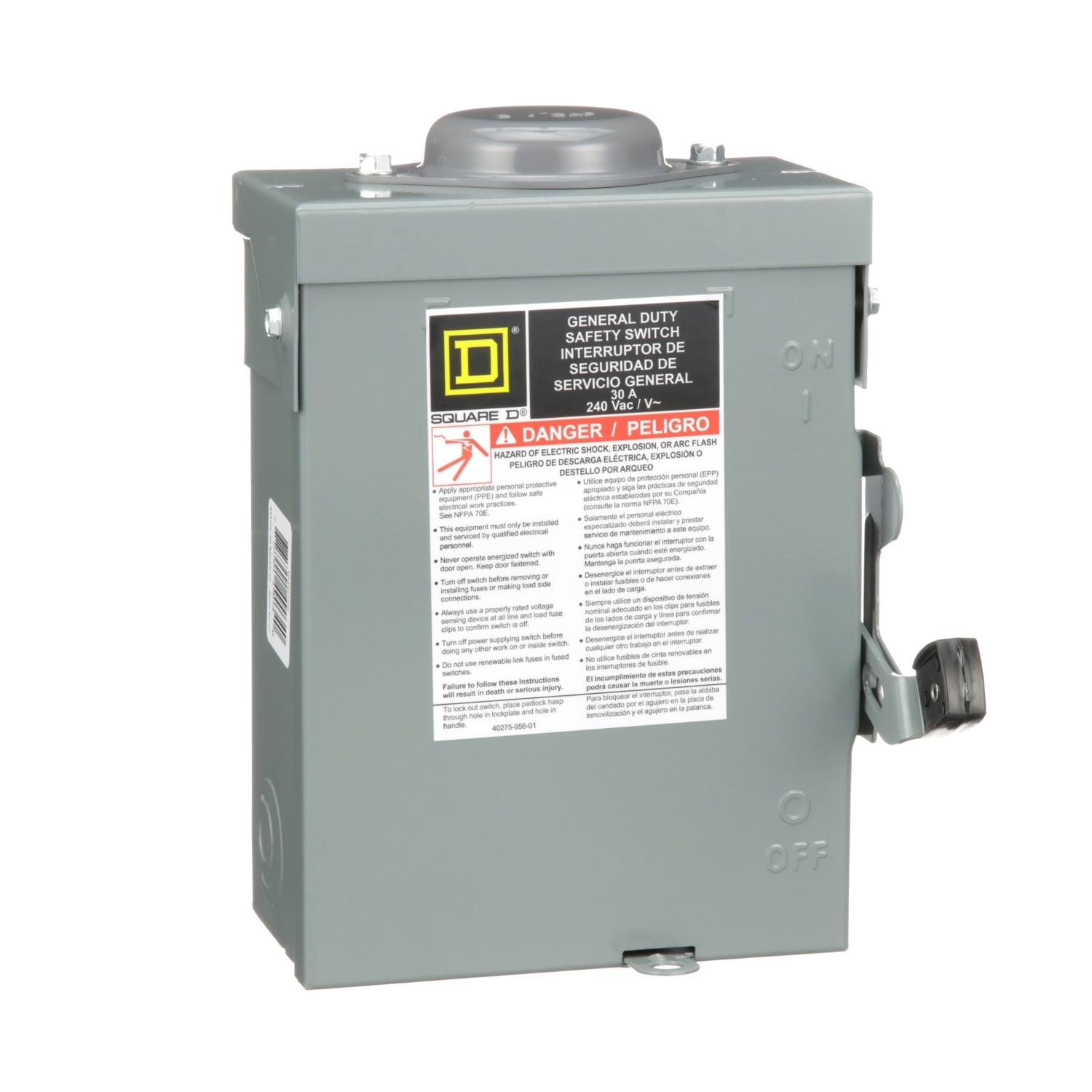 Safety switch, general duty, non fusible, 2 pole, 2 wire, 240VAC, 30A, Type 3R with bolt on hub prov