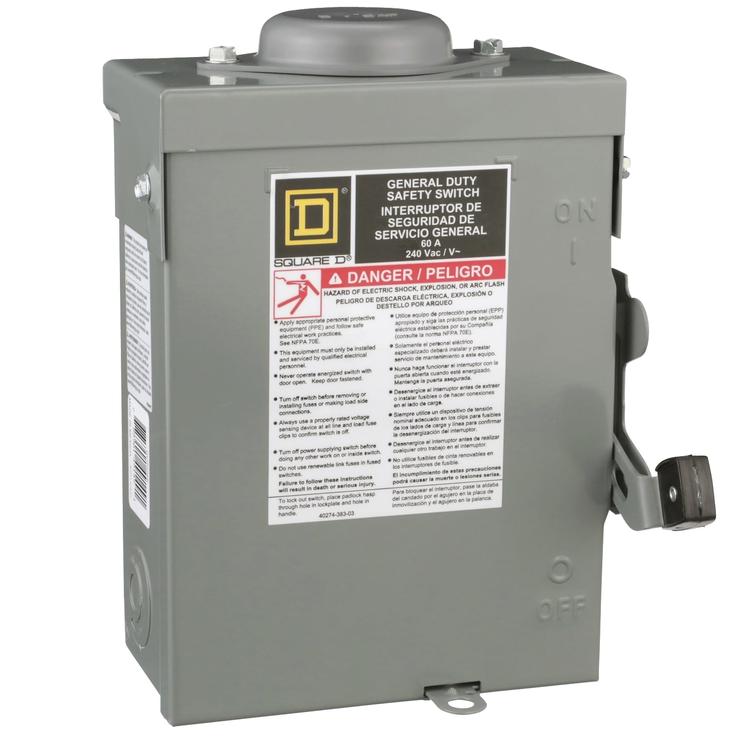 Safety switch, general duty, non fusible, 2 pole, 2 wire, 240VAC, 60A, Type 3R with bolt on hub prov