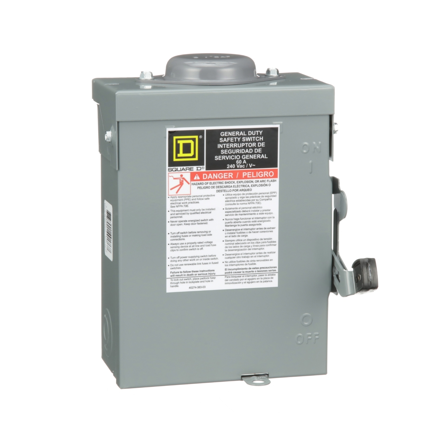 Safety switch, general duty, non fusible, 3 pole, 3 wire, 240VAC, 60A, Type 3R with bolt on hub prov