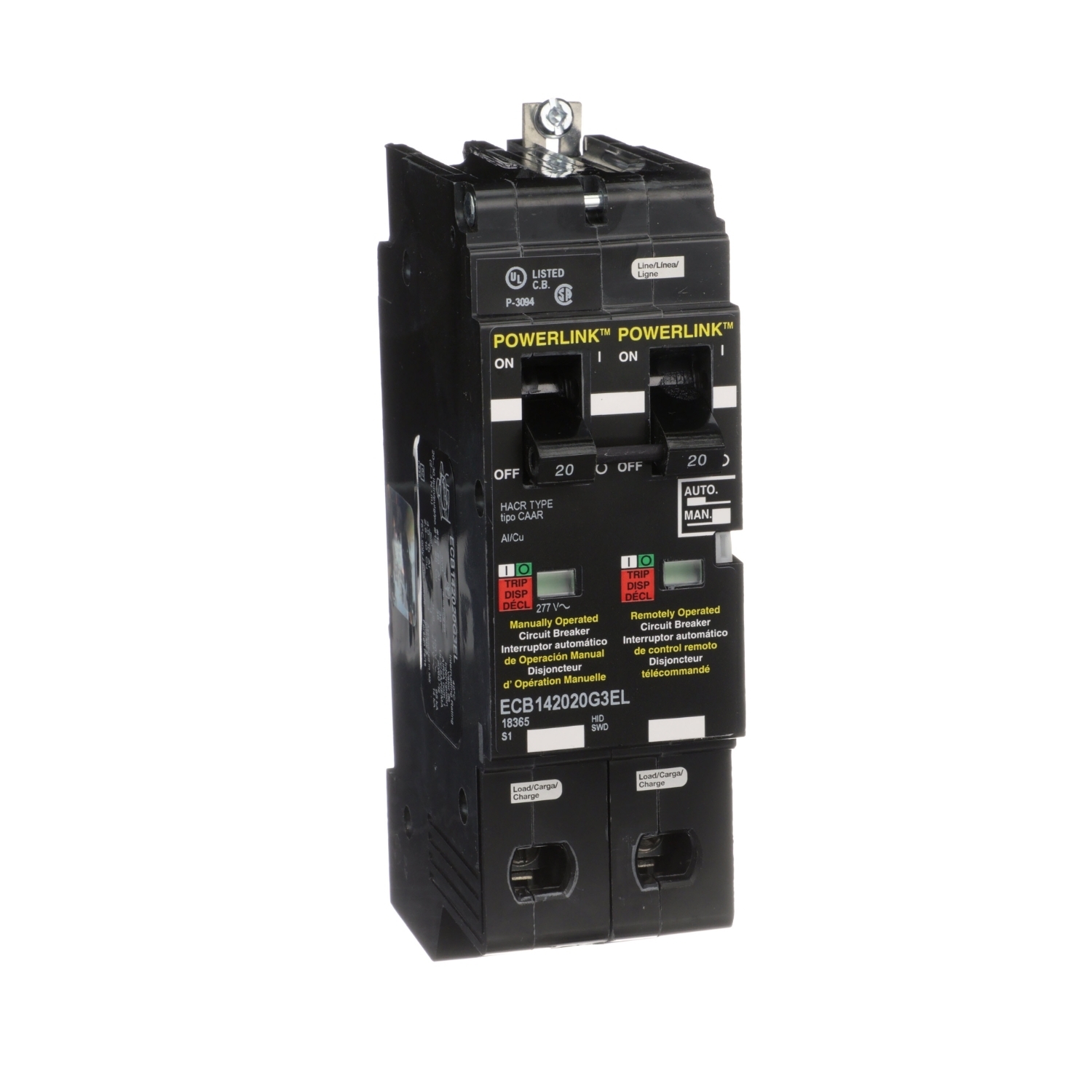 Circuit Breaker, PowerLink?, 20A, 2 pole, 480Y/277VAC, 14kA, remotely operated, bolt on mount, emergency lighting [TAA]