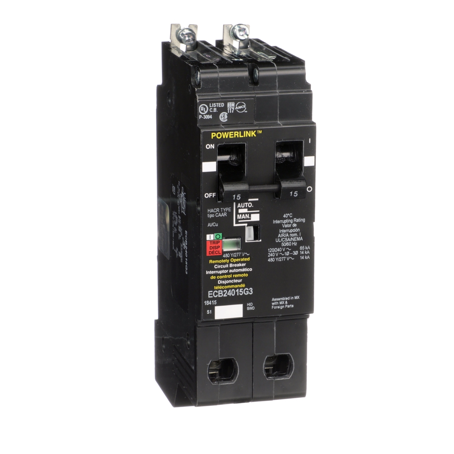 Circuit Breaker, PowerLink?, 15A, 2 pole, 480Y/277VAC, 14kA, remotely operated, bolt on mount [TAA]