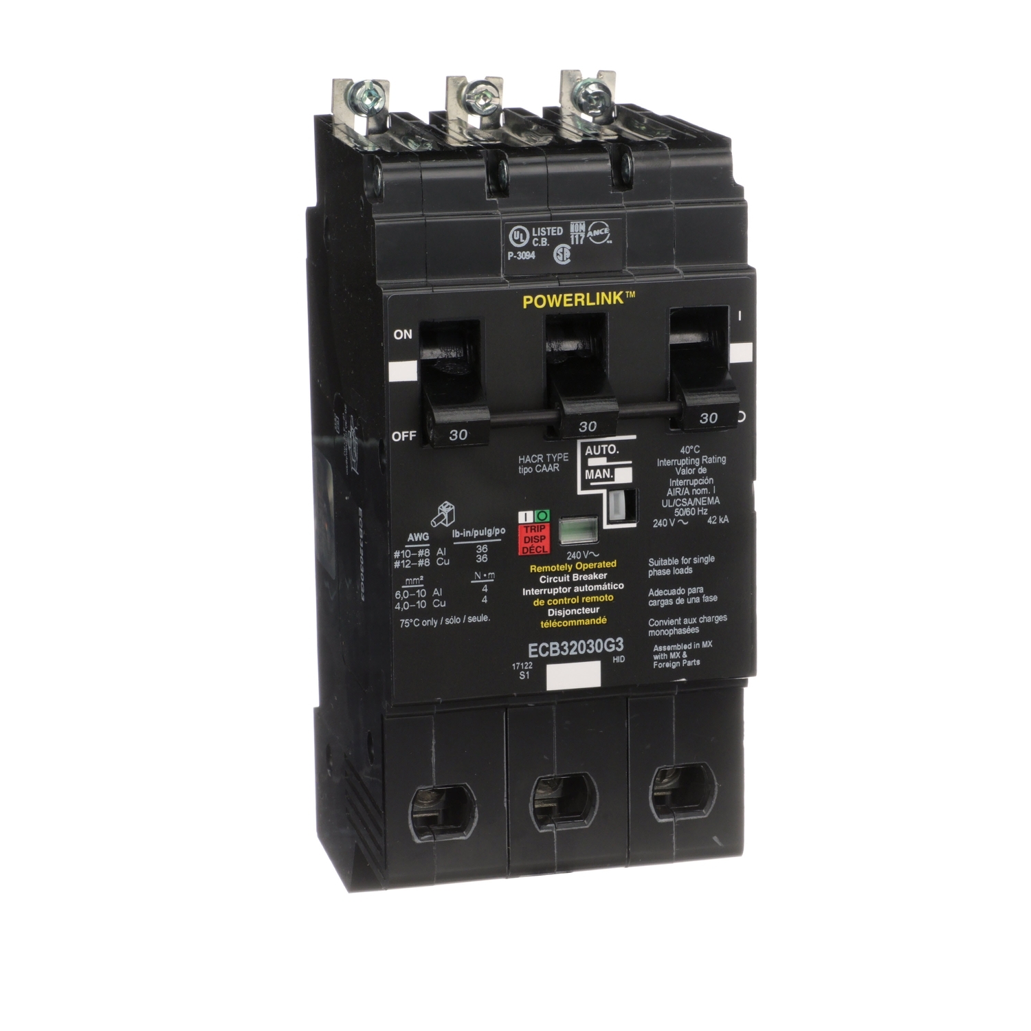 Circuit Breaker, PowerLink?, 30A, 3 pole, 240VAC, 42kA, remotely operated, bolt on mount [TAA]