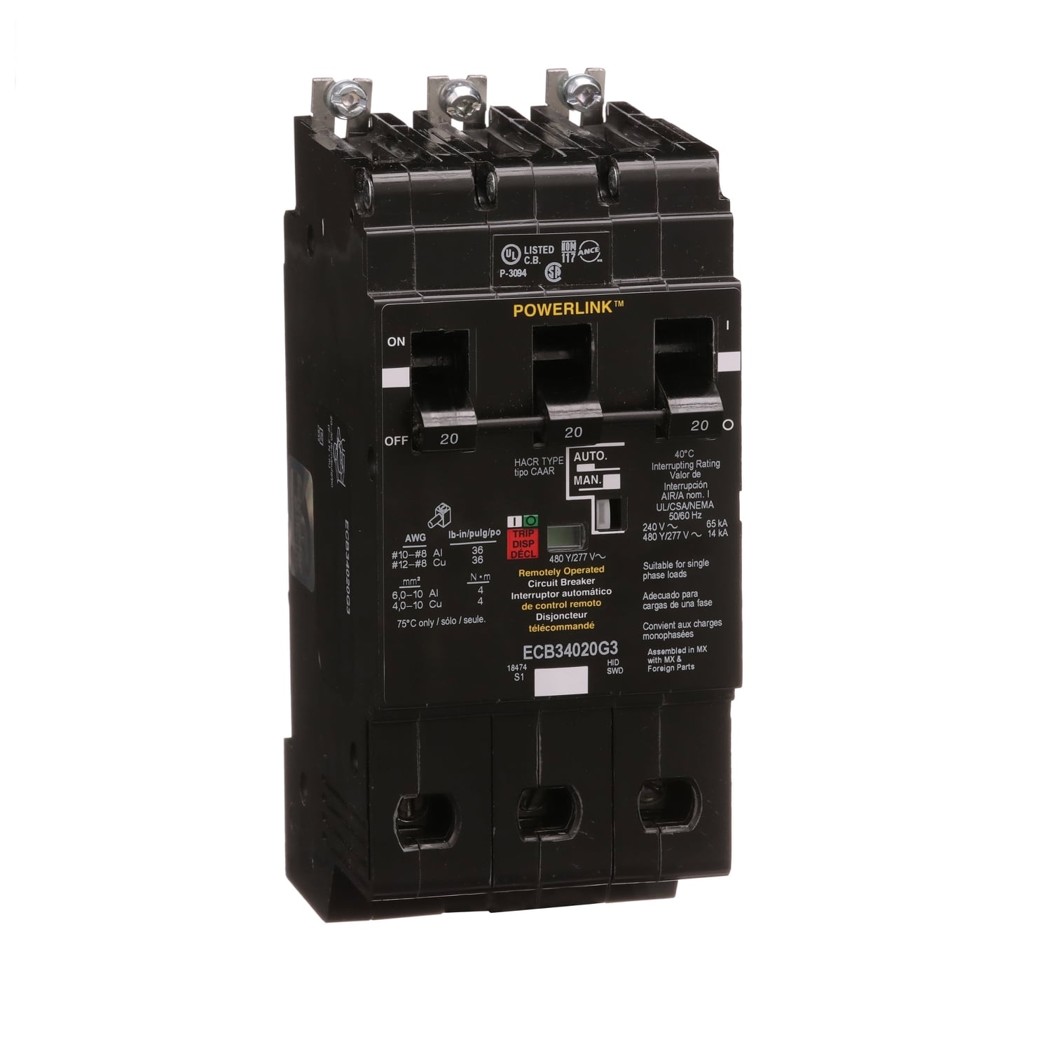 Circuit Breaker, PowerLink?, 20A, 3 pole, 480Y/277VAC, 14kA, remotely operated, bolt on mount [TAA]