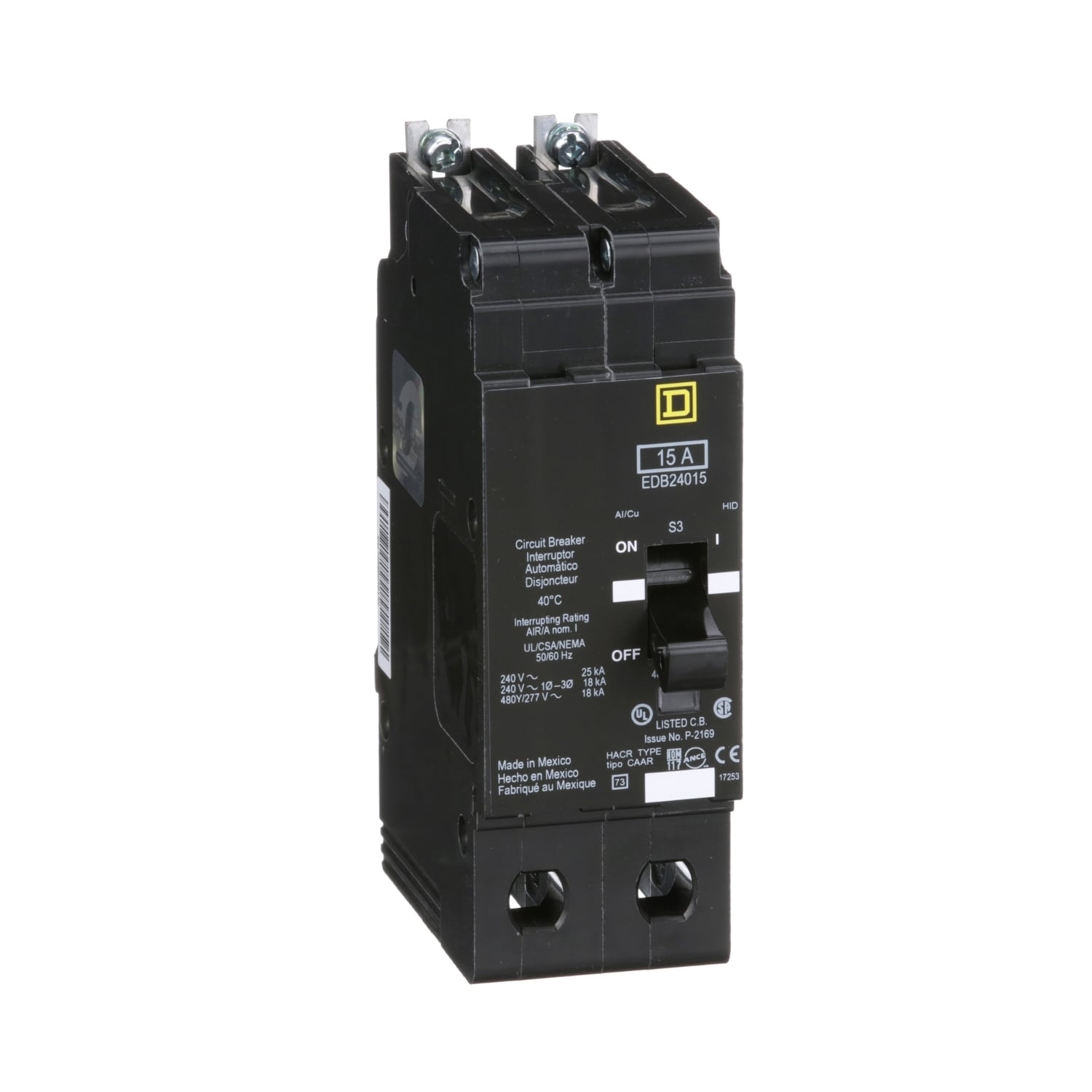 Mini circuit breaker, E-Frame, 15A, 2 pole, 480Y/277VAC, 25kA max, bolt on [TAA]