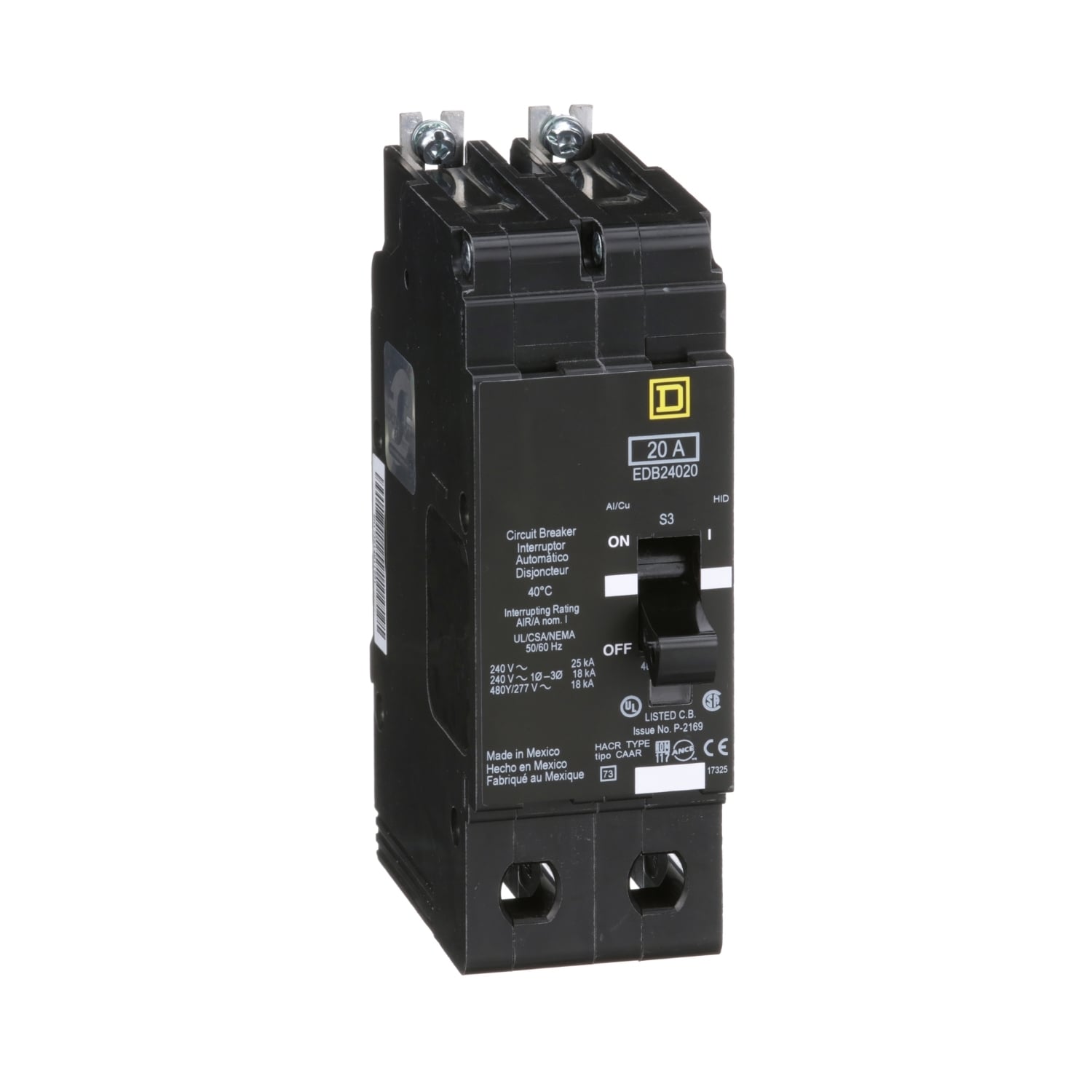 Mini circuit breaker, E-Frame, 20A, 2 pole, 480Y/277VAC, 25kA max, bolt on [TAA]
