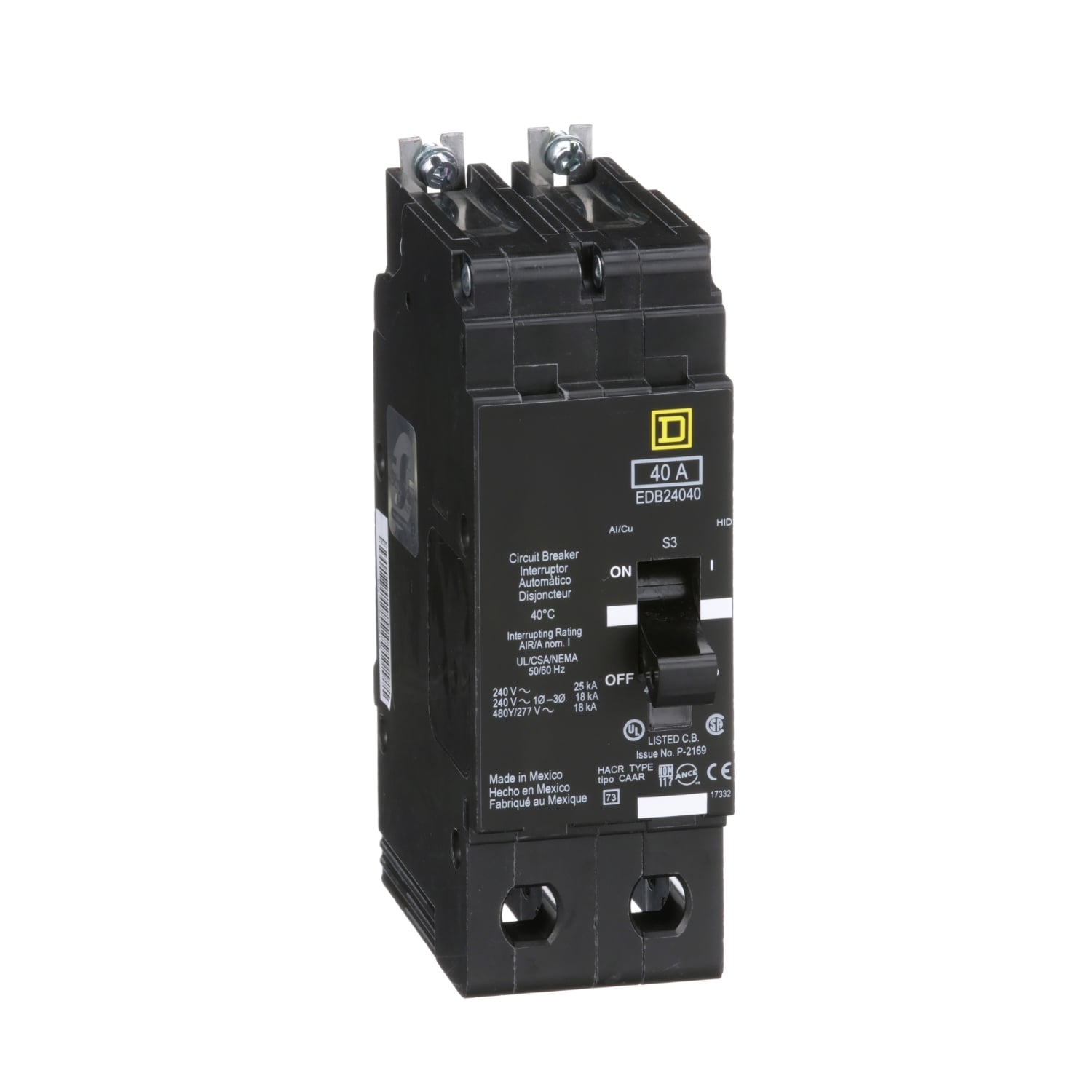 Mini circuit breaker, E-Frame, 40A, 2 pole, 480Y/277VAC, 25kA max, bolt on [TAA]