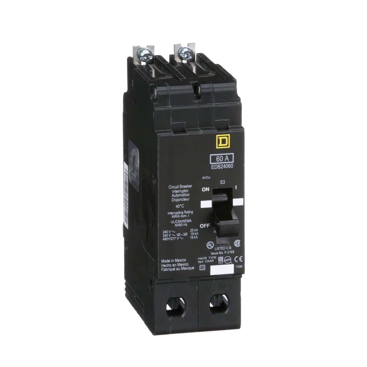 Mini circuit breaker, E-Frame, 60A, 2 pole, 480Y/277VAC, 25kA max, bolt on [TAA]