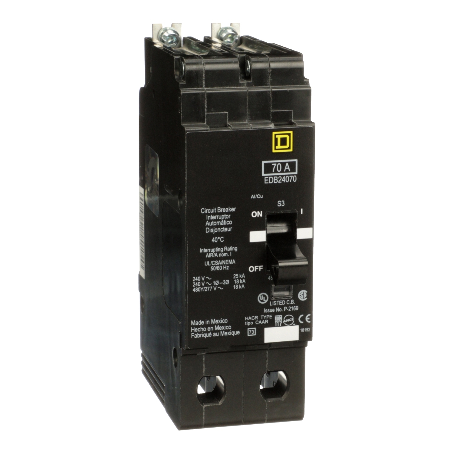 Mini circuit breaker, E-Frame, 70A, 2 pole, 480Y/277VAC, 25kA max, bolt on [TAA]