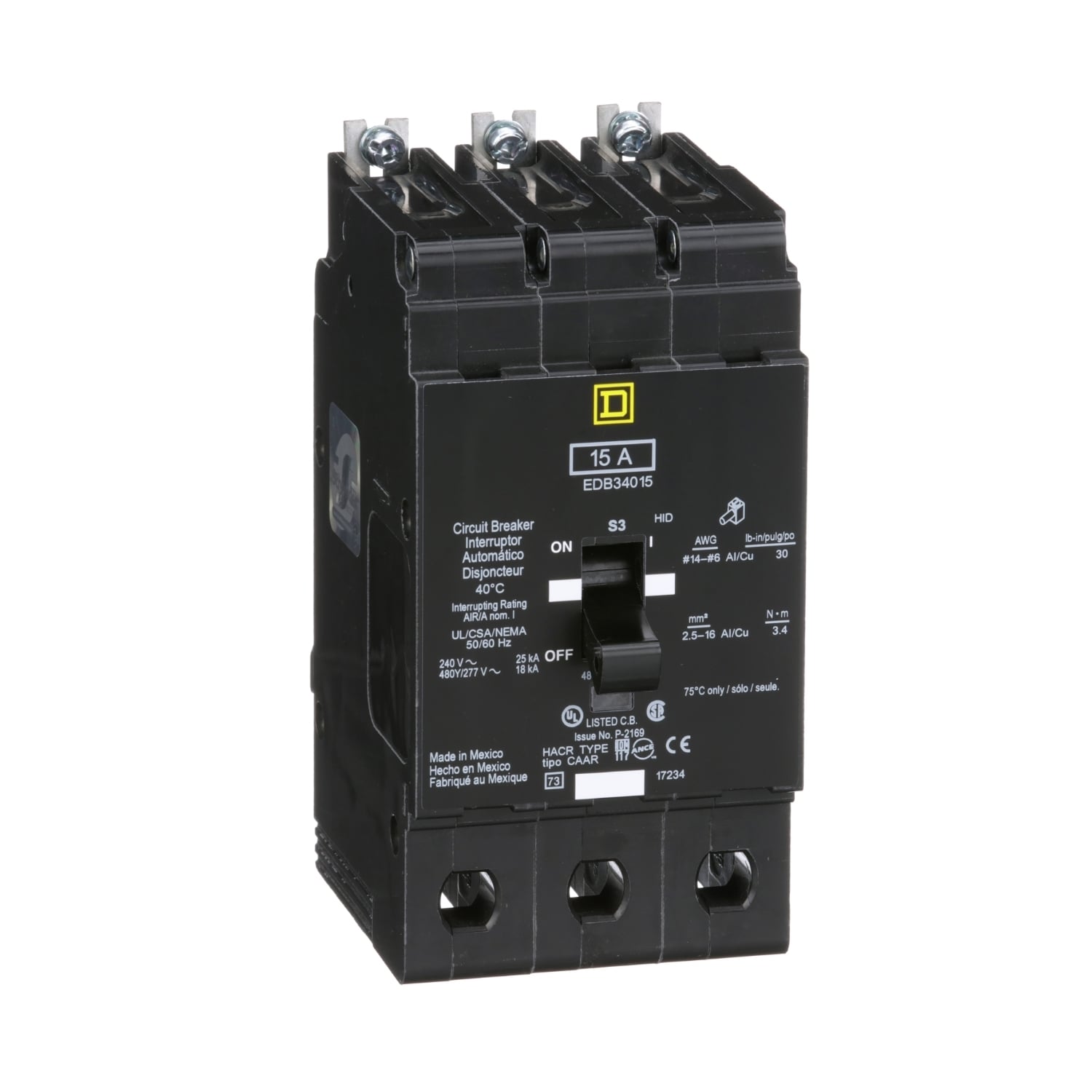 Mini circuit breaker, E-Frame, 15A, 3 pole, 480Y/277VAC, 25kA max, bolt on [TAA]