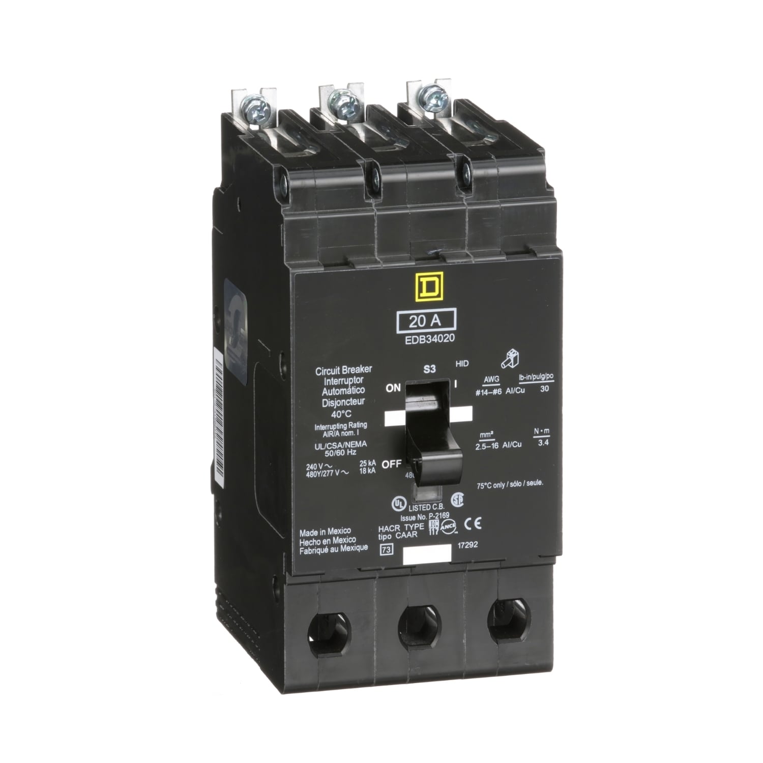 Mini circuit breaker, E-Frame, 20A, 3 pole, 480Y/277VAC, 25kA max, bolt on [TAA]