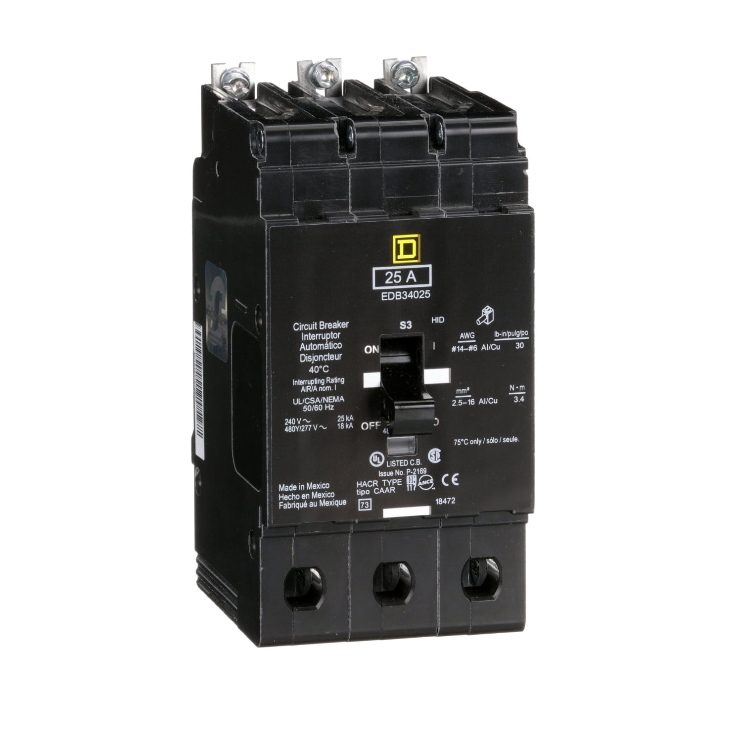 Mini circuit breaker, E-Frame, 25A, 3 pole, 480Y/277VAC, 25kA max, bolt on [TAA]