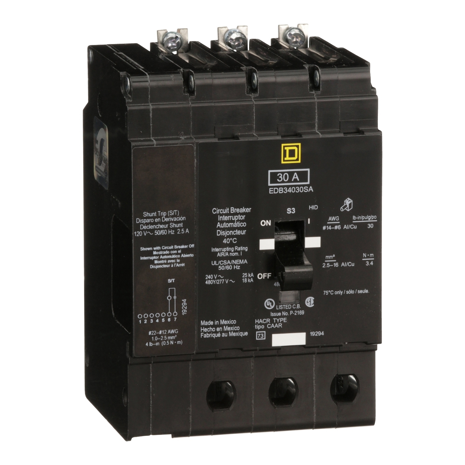 Mini circuit breaker, E-Frame, 30A, 3 pole, 480Y/277VAC, 25kA max, bolt on, shunt trip [TAA]