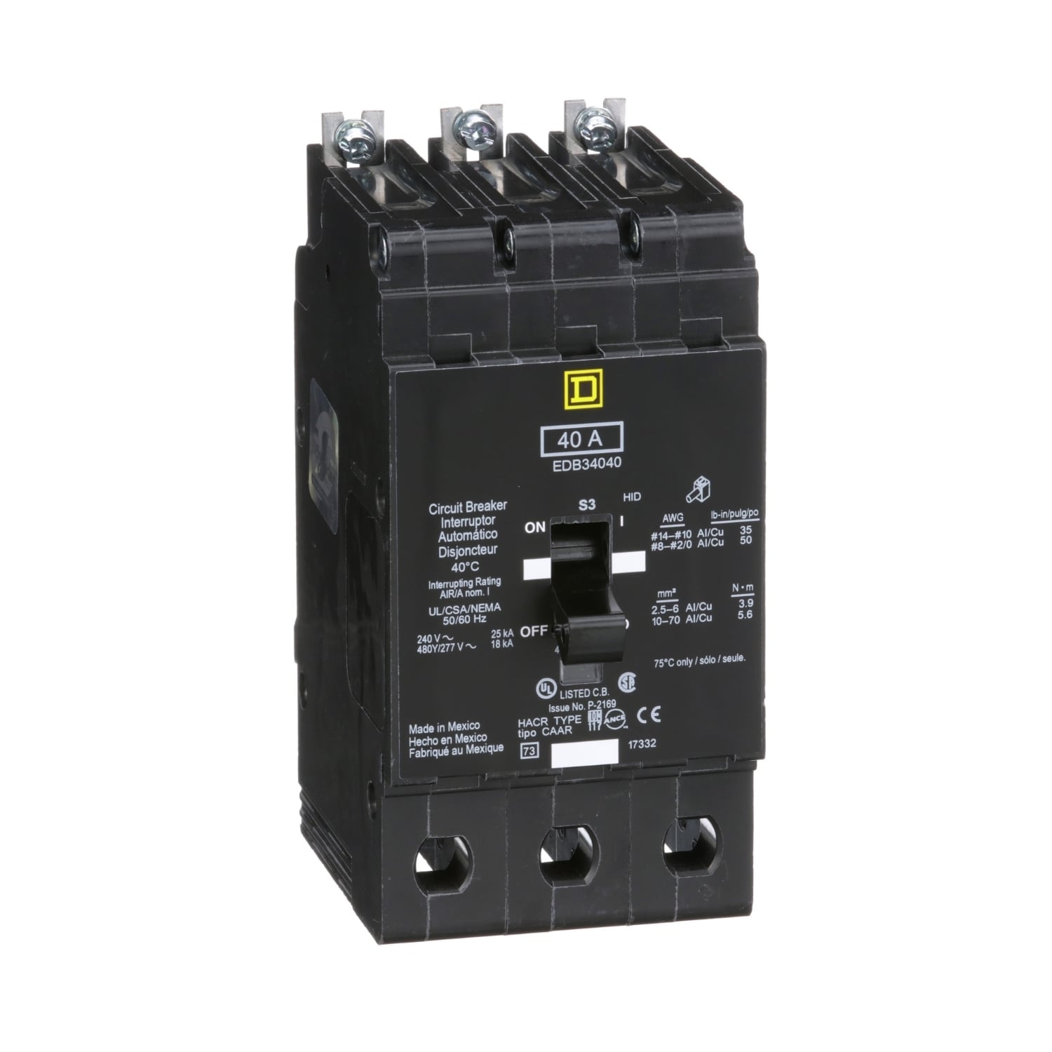 Mini circuit breaker, E-Frame, 40A, 3 pole, 480Y/277VAC, 25kA max, bolt on [TAA]