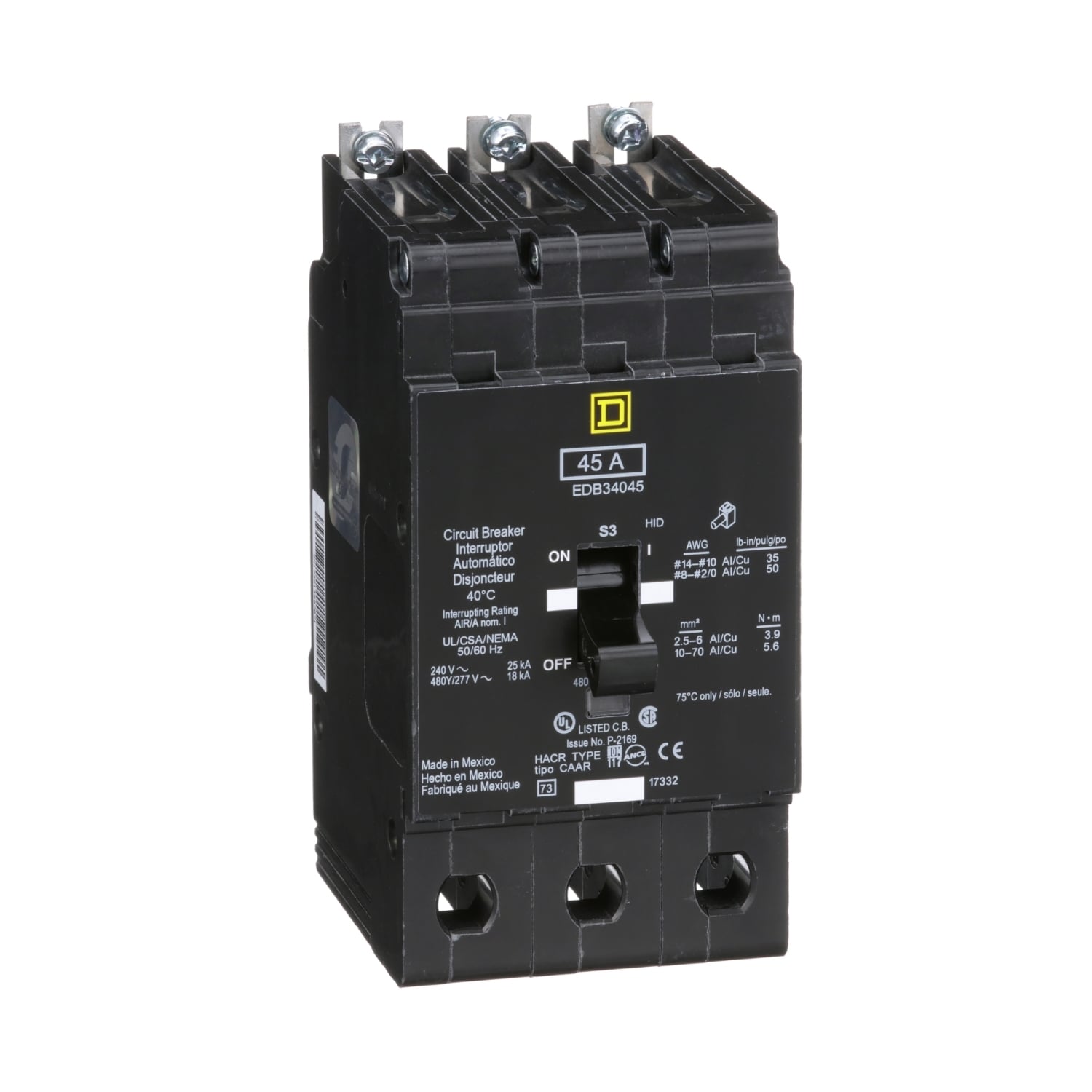 Mini circuit breaker, E-Frame, 45A, 3 pole, 480Y/277VAC, 25kA max, bolt on [TAA]