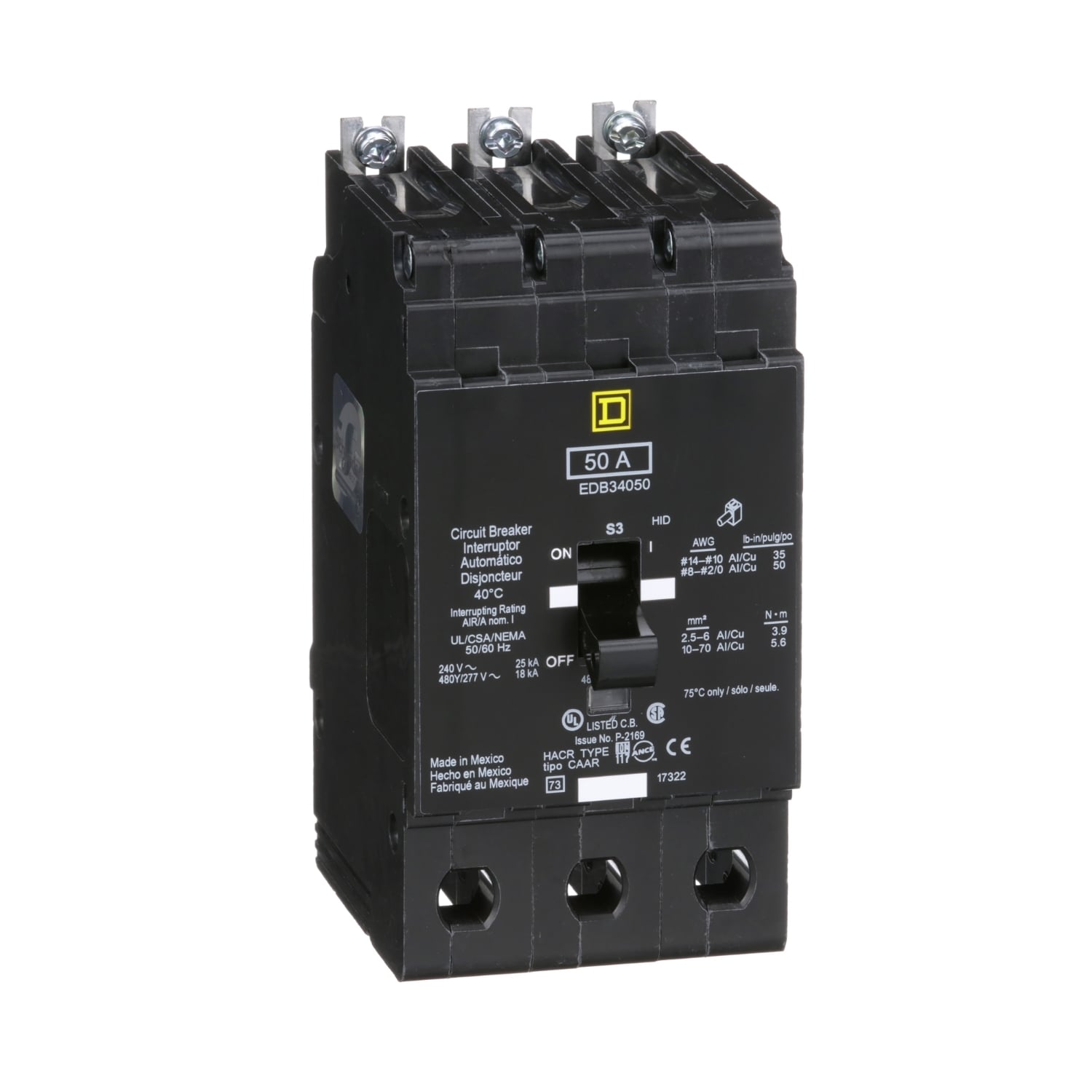 Mini circuit breaker, E-Frame, 50A, 3 pole, 480Y/277VAC, 25kA max, bolt on [TAA]