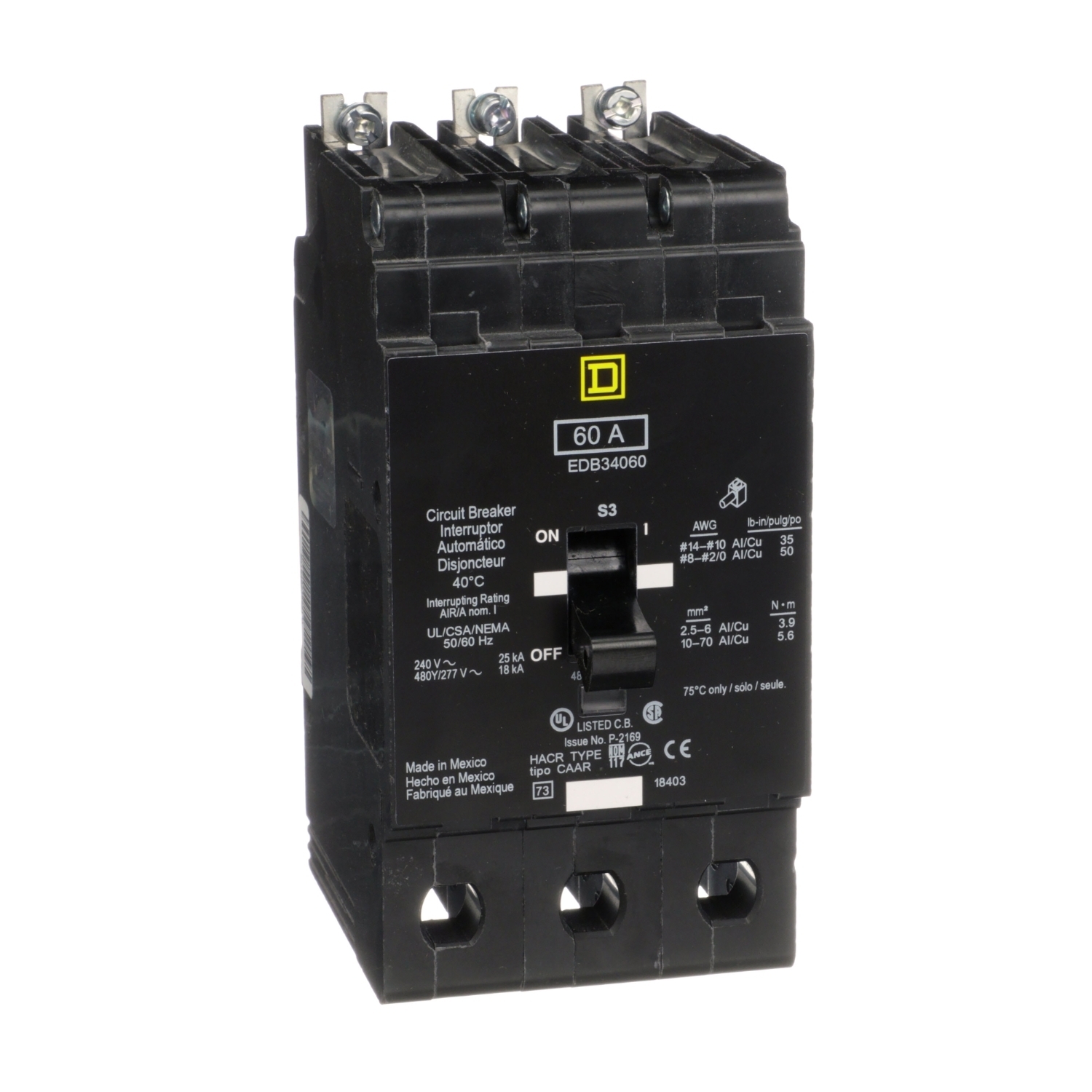 Mini circuit breaker, E-Frame, 60A, 3 pole, 480Y/277VAC, 25kA max, bolt on [TAA]