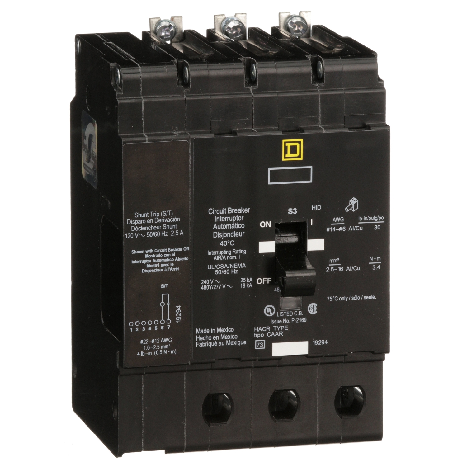 Mini circuit breaker, E-Frame, 60A, 3 pole, 480Y/277VAC, 25kA max, bolt on, shunt trip